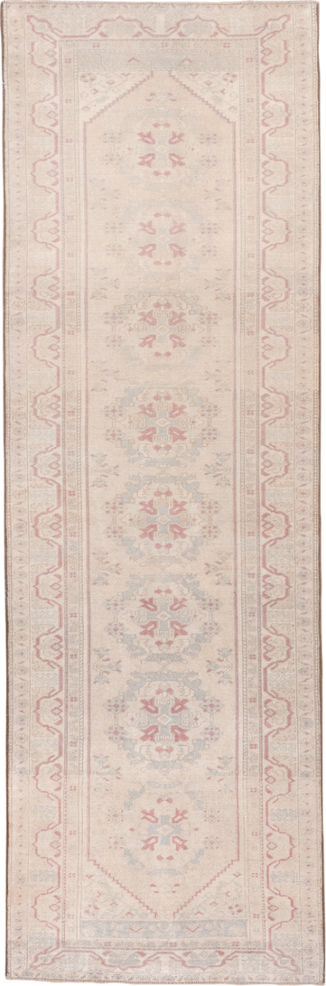 2' x 9' one-of-a-kind handmade vintage Oushak runner rug. Color palette: ivory, blush, pale blue, cream, taupe, rose, pink