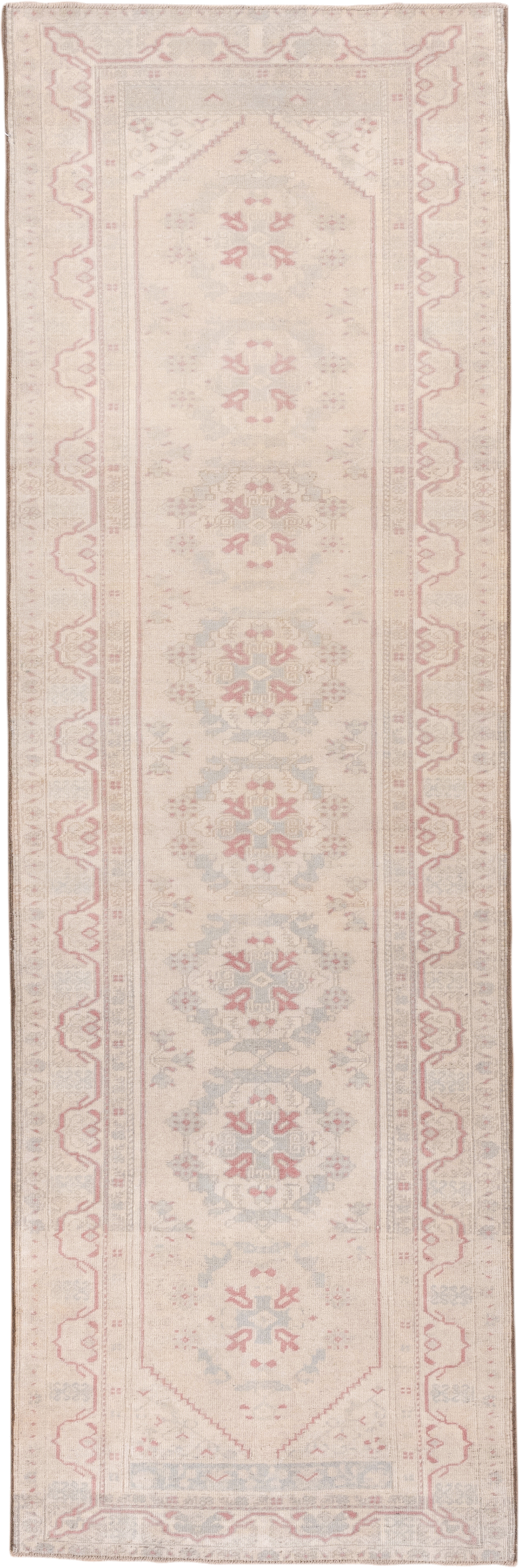 2' x 9' one-of-a-kind handmade vintage Oushak runner rug. Color palette: ivory, blush, pale blue, cream, taupe, rose, pink