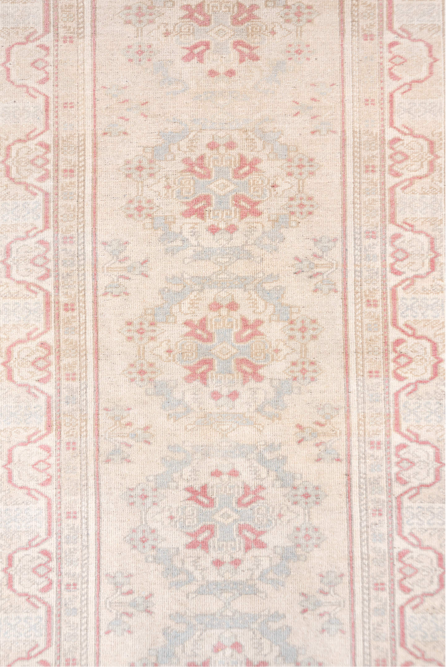 2' x 9' one-of-a-kind handmade vintage Oushak runner rug. Color palette: ivory, blush, pale blue, cream, taupe, rose, pink