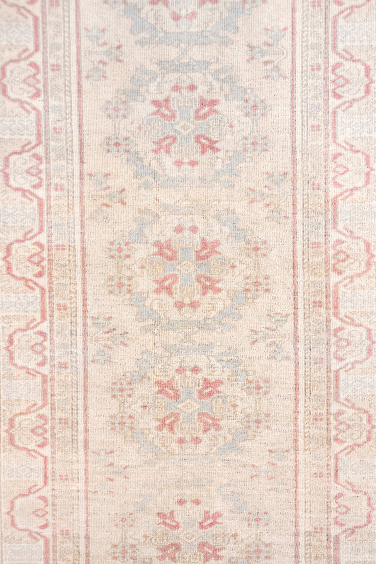 2' x 9' one-of-a-kind handmade vintage Oushak runner rug. Color palette: ivory, blush, pale blue, cream, taupe, rose, pink