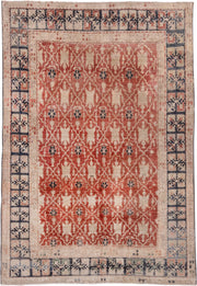 6' x 8' one-of-a-kind handmade vintage Oushak medium size rug. Color palette: terracotta, ivory, navy, blush, taupe, slate
