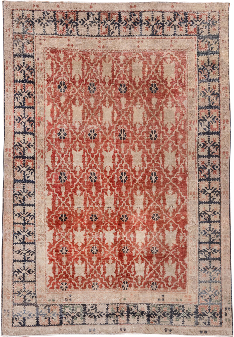 6' x 8' one-of-a-kind handmade vintage Oushak medium size rug. Color palette: terracotta, ivory, navy, blush, taupe, slate