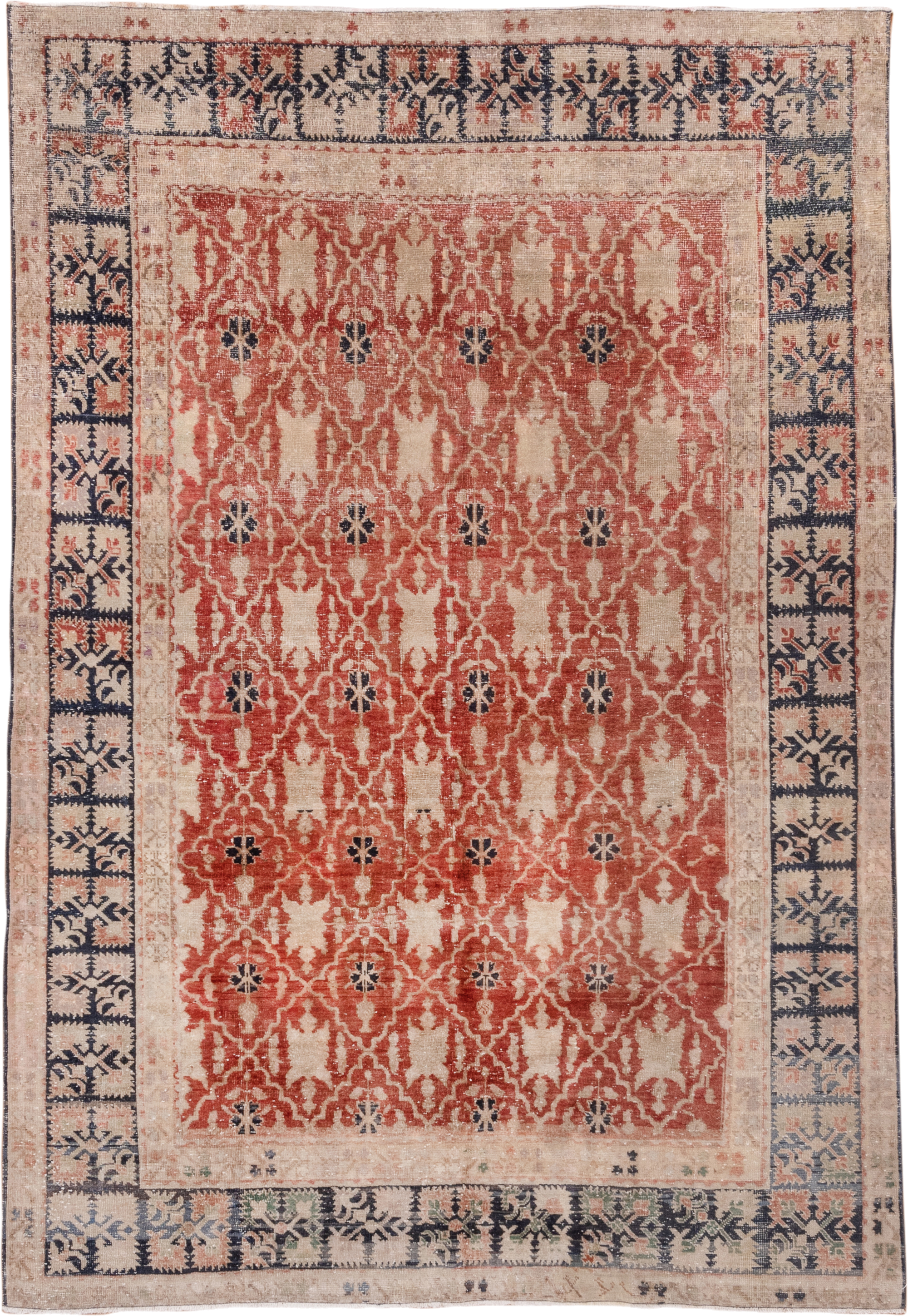 6' x 8' one-of-a-kind handmade vintage Oushak medium size rug. Color palette: terracotta, ivory, navy, blush, taupe, slate