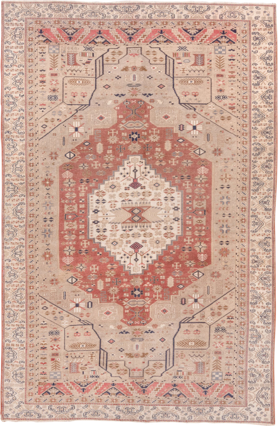 6' x 9' one-of-a-kind handmade vintage Oushak medium size rug. Color palette: ivory, blush, sand, muted blue, taupe