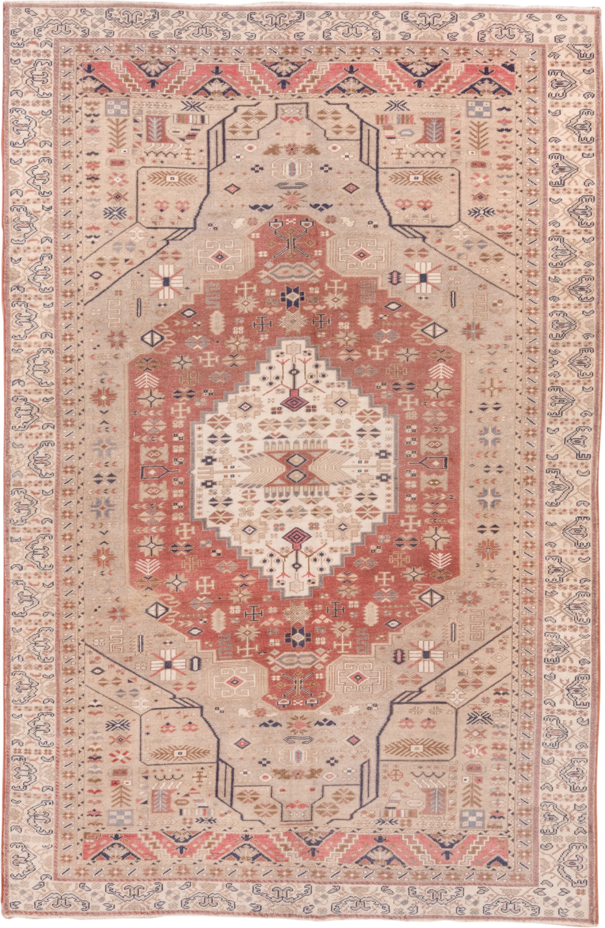 6' x 9' one-of-a-kind handmade vintage Oushak medium size rug. Color palette: ivory, blush, sand, muted blue, taupe