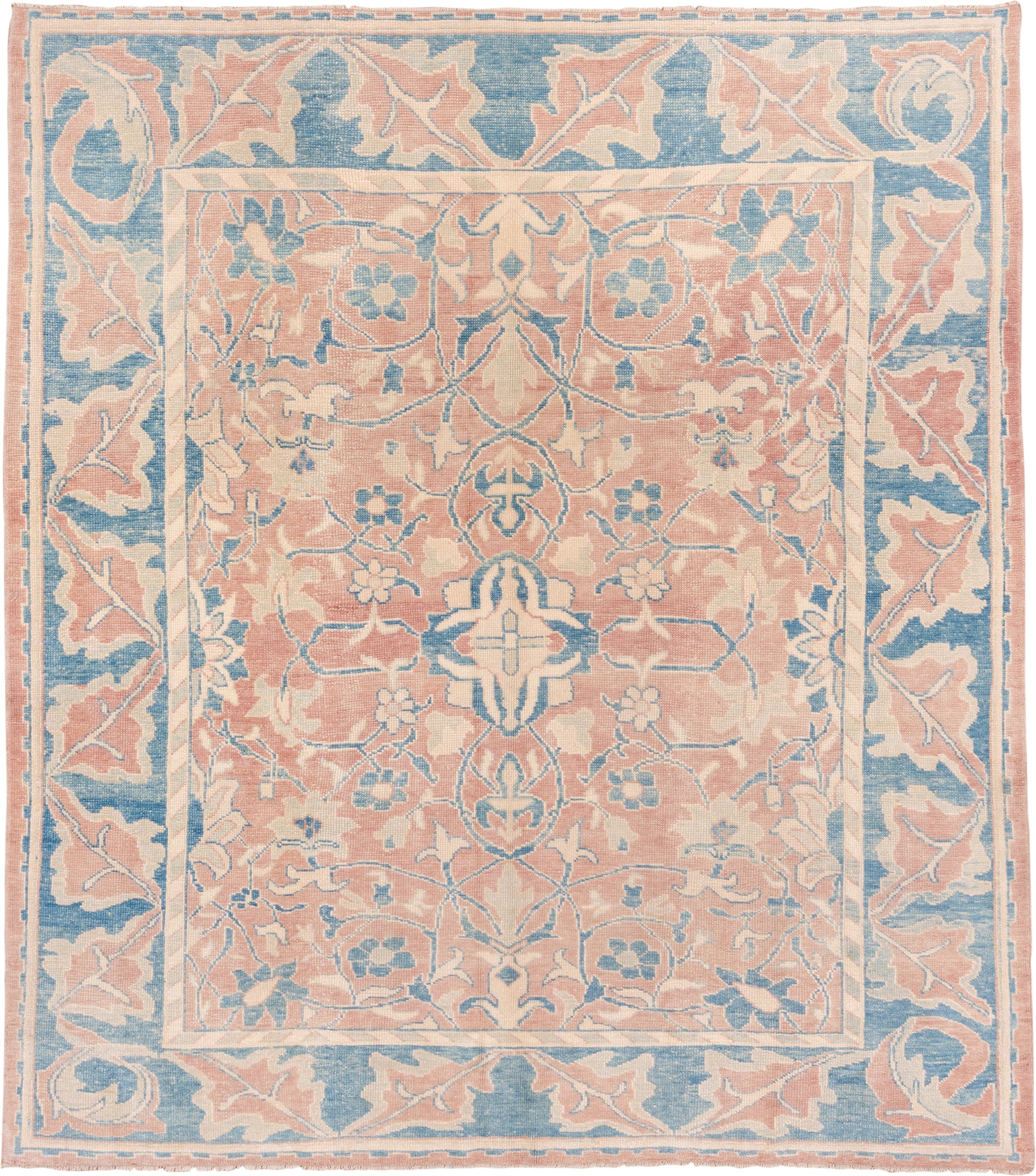 9' x 10' one-of-a-kind handmade vintage Oushak large size rug. Color palette: blush, sky blue, ivory, cream, peach, pink