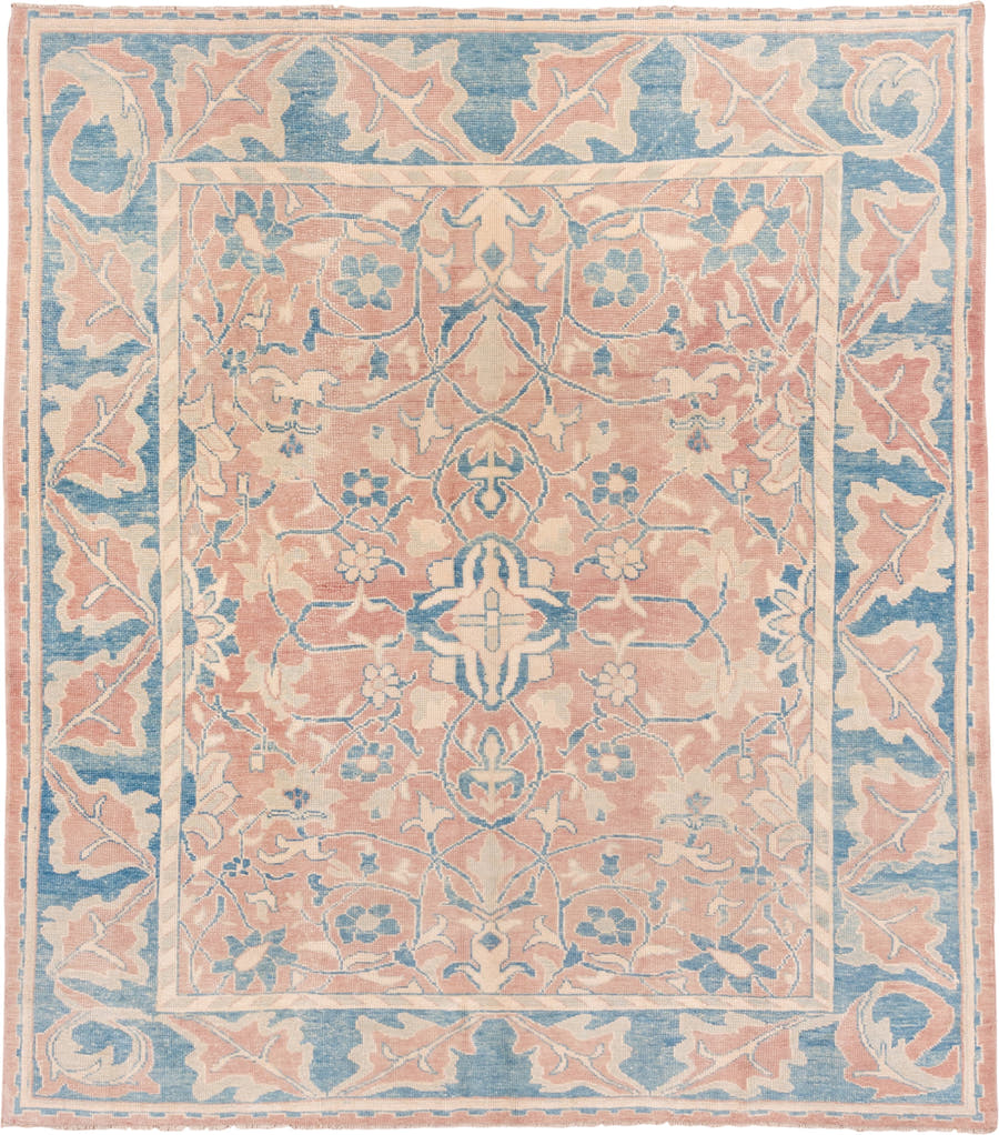 9' x 10' one-of-a-kind handmade vintage Oushak large size rug. Color palette: blush, sky blue, ivory, cream, peach, pink