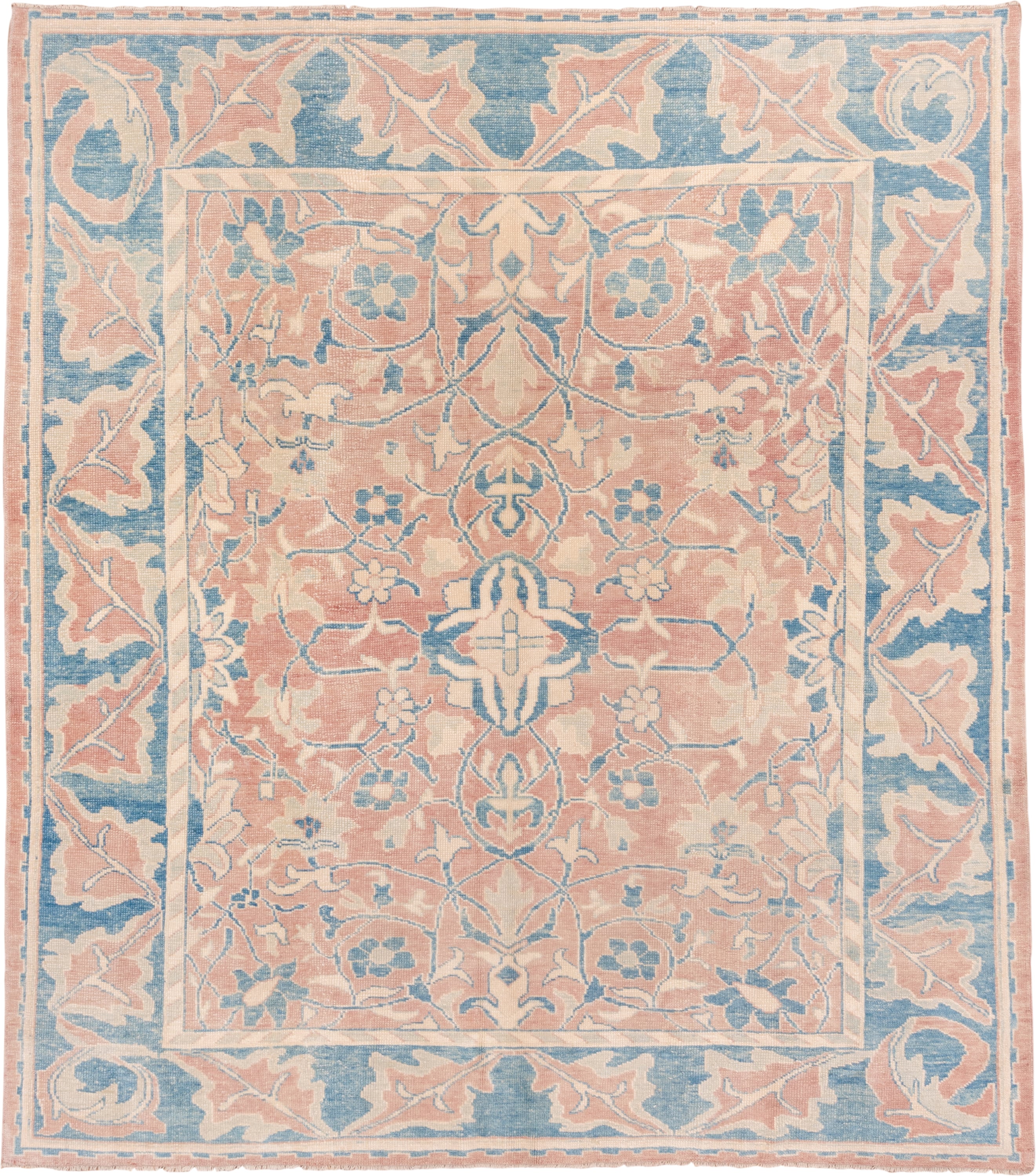 9' x 10' one-of-a-kind handmade vintage Oushak large size rug. Color palette: blush, sky blue, ivory, cream, peach, pink