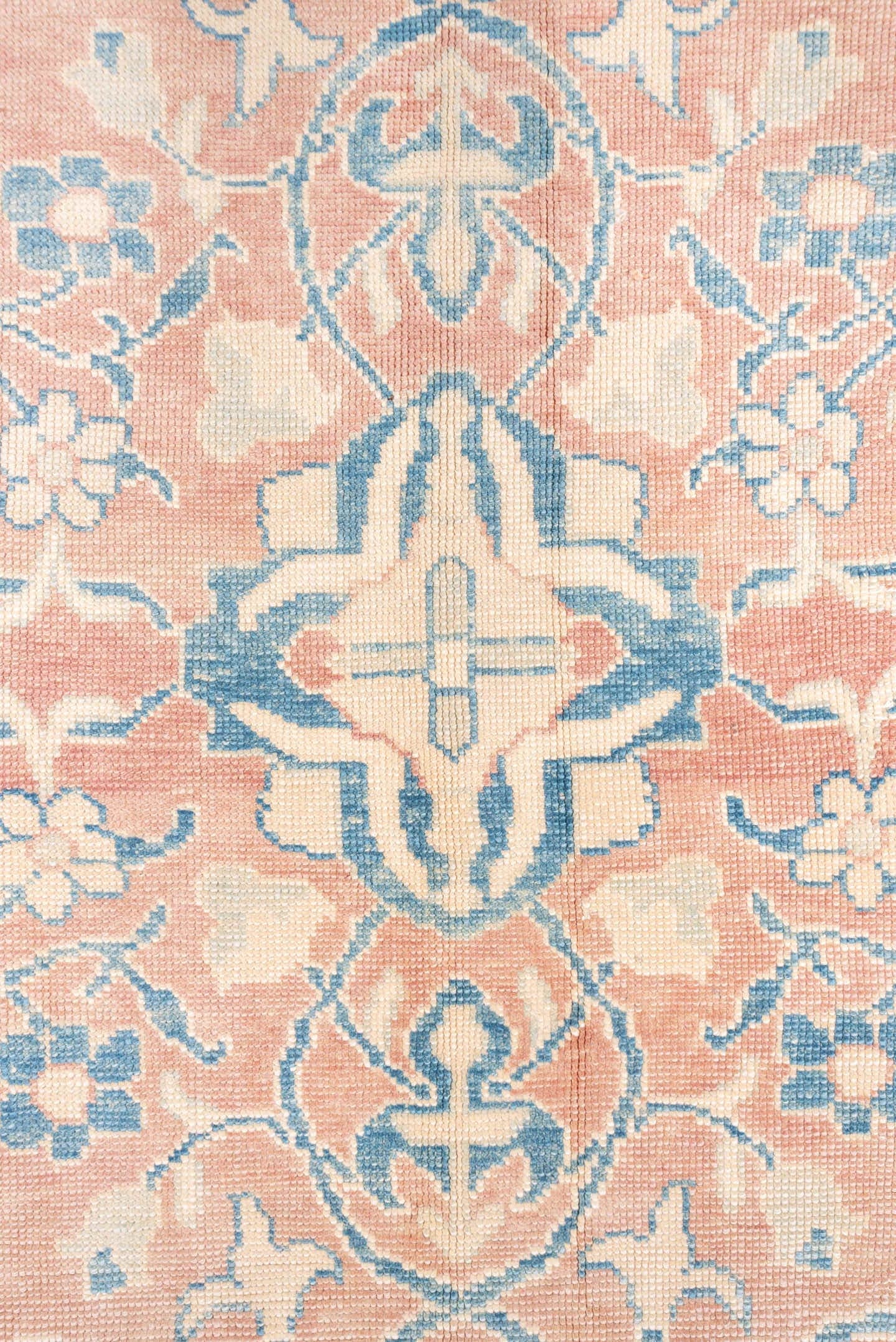 9' x 10' one-of-a-kind handmade vintage Oushak large size rug. Color palette: blush, sky blue, ivory, cream, peach, pink