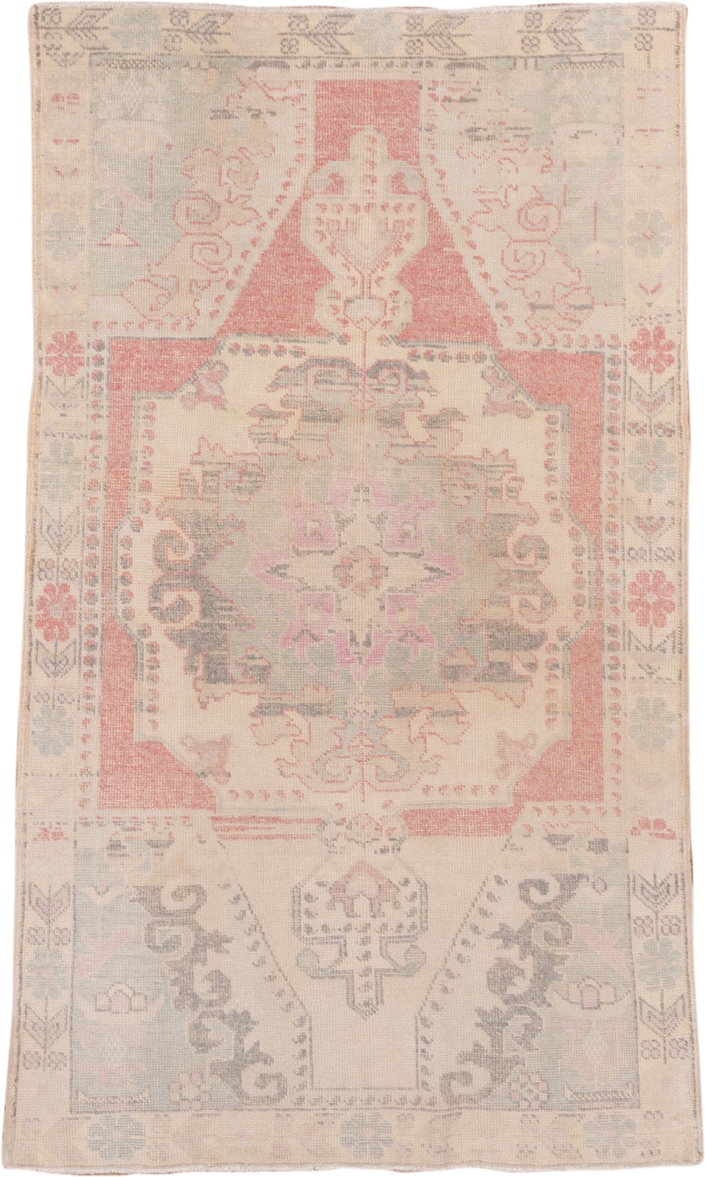 4' x 7' one-of-a-kind handmade vintage Oushak rug. Color palette: ivory, blush, pale blue, taupe, sage, rose, gray, pink