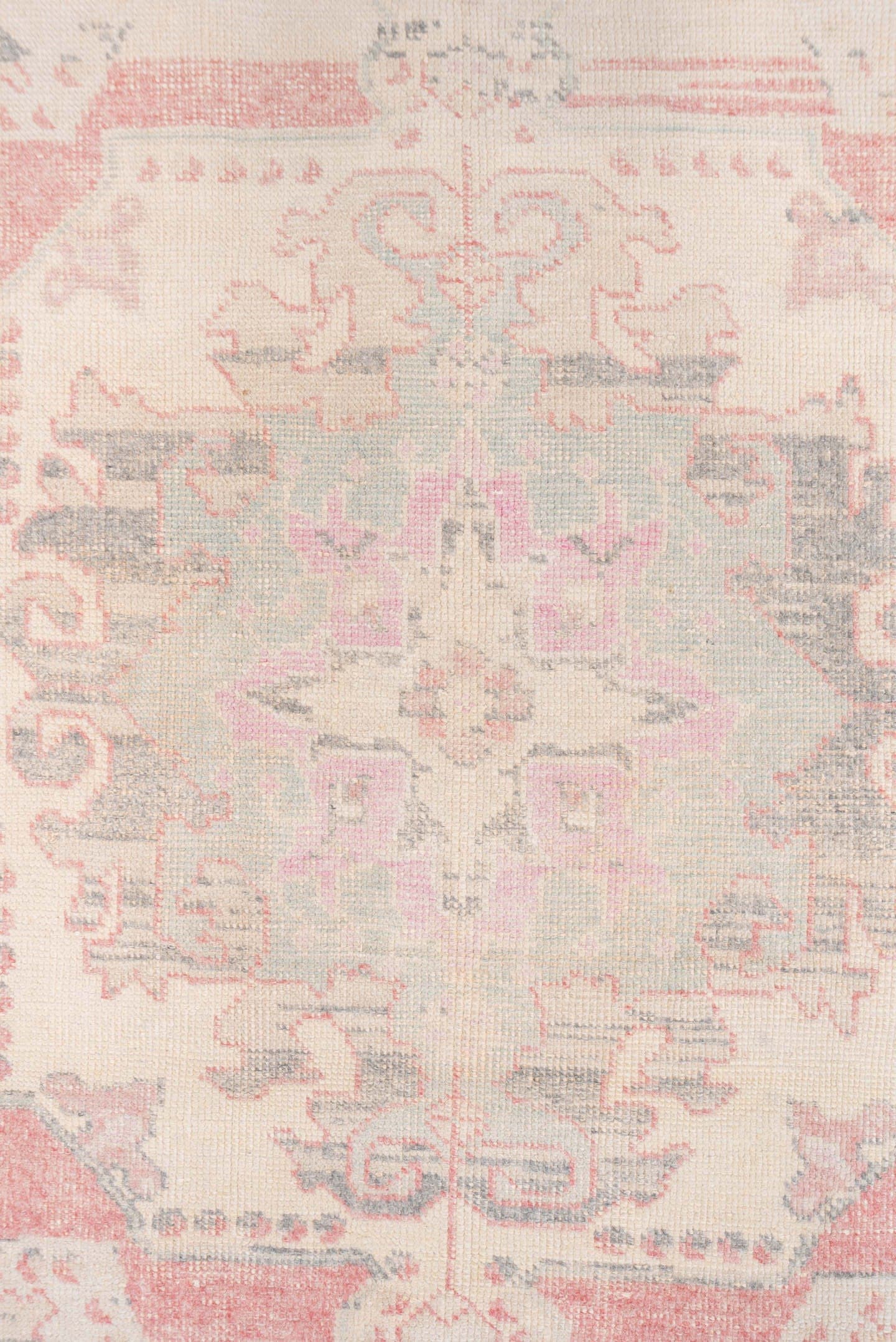 4' x 7' one-of-a-kind handmade vintage Oushak rug. Color palette: ivory, blush, pale blue, taupe, sage, rose, gray, pink