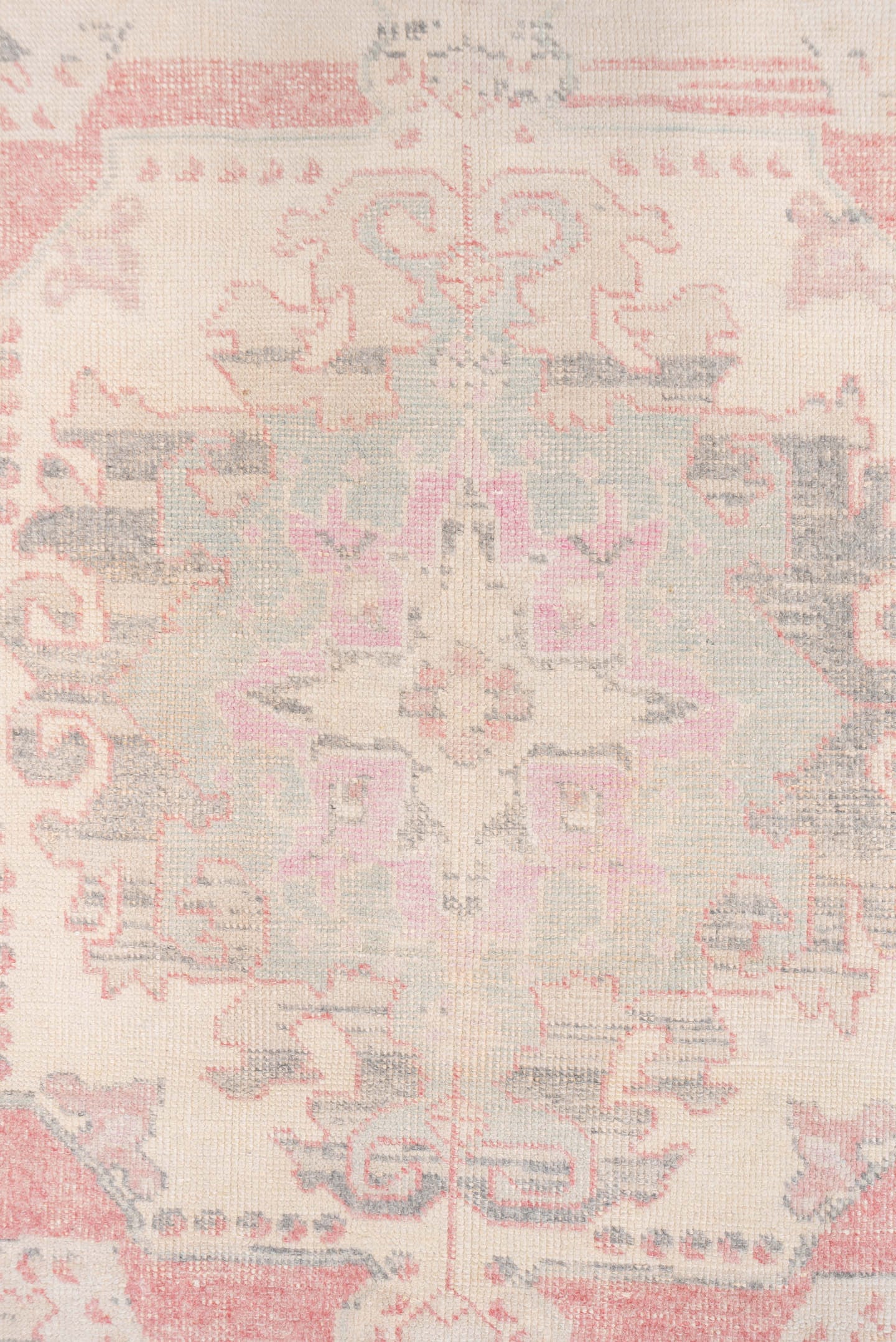 4' x 7' one-of-a-kind handmade vintage Oushak rug. Color palette: ivory, blush, pale blue, taupe, sage, rose, gray, pink