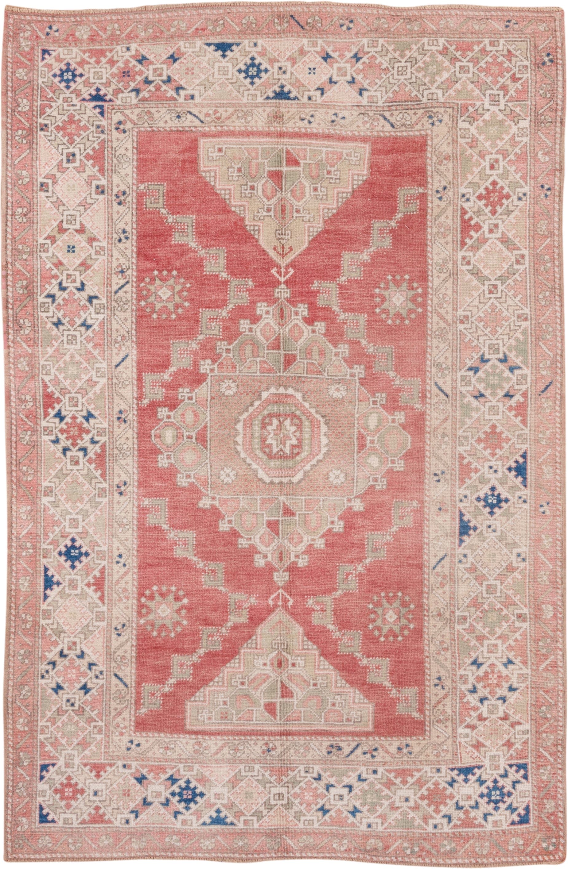 5' x 8' one-of-a-kind handmade vintage Oushak medium size rug. Color palette: coral, ivory, taupe, dusty rose, blue, sage