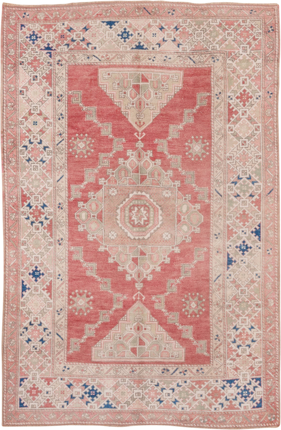 5' x 8' one-of-a-kind handmade vintage Oushak medium size rug. Color palette: coral, ivory, taupe, dusty rose, blue, sage