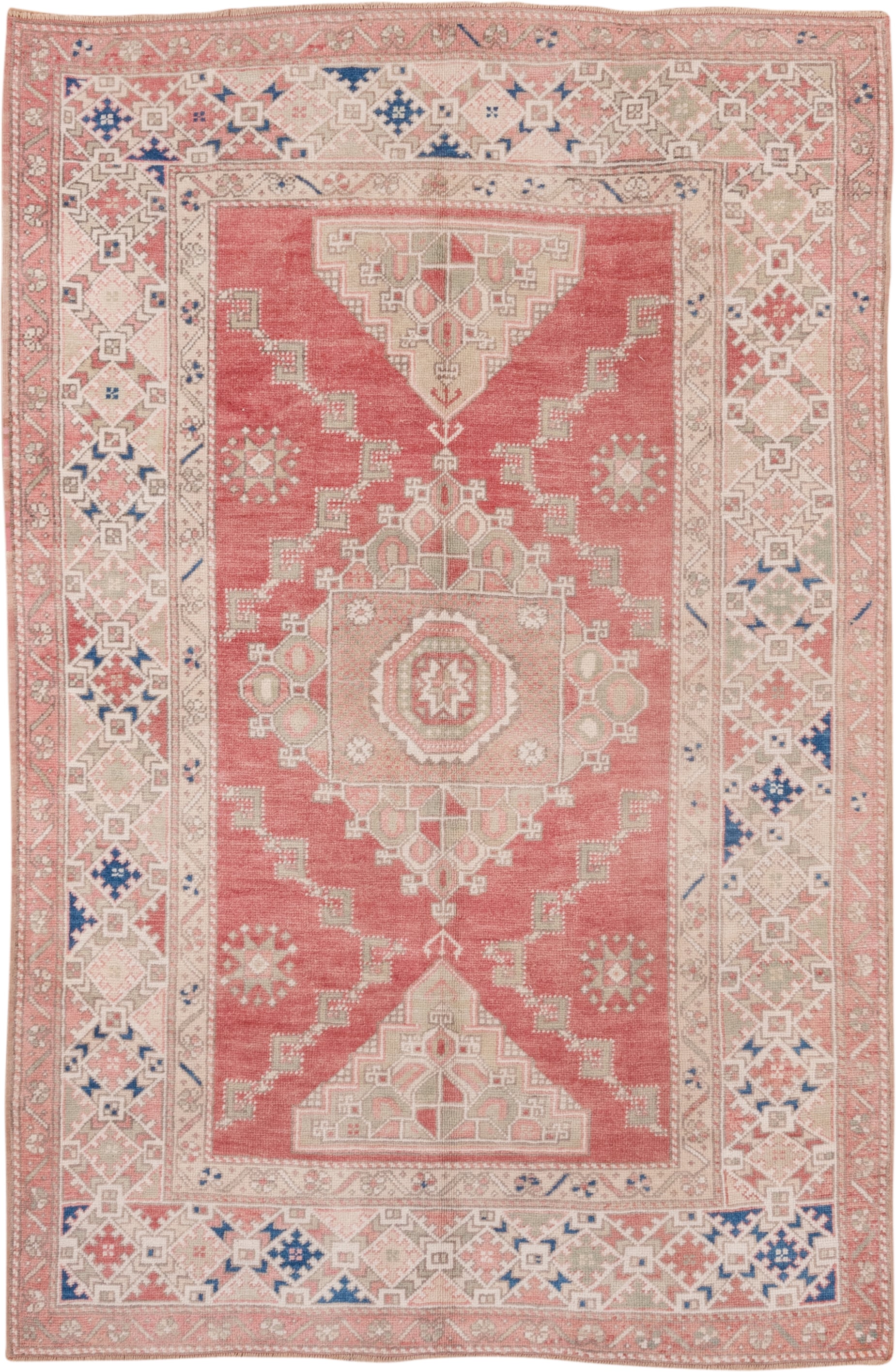 5' x 8' one-of-a-kind handmade vintage Oushak medium size rug. Color palette: coral, ivory, taupe, dusty rose, blue, sage