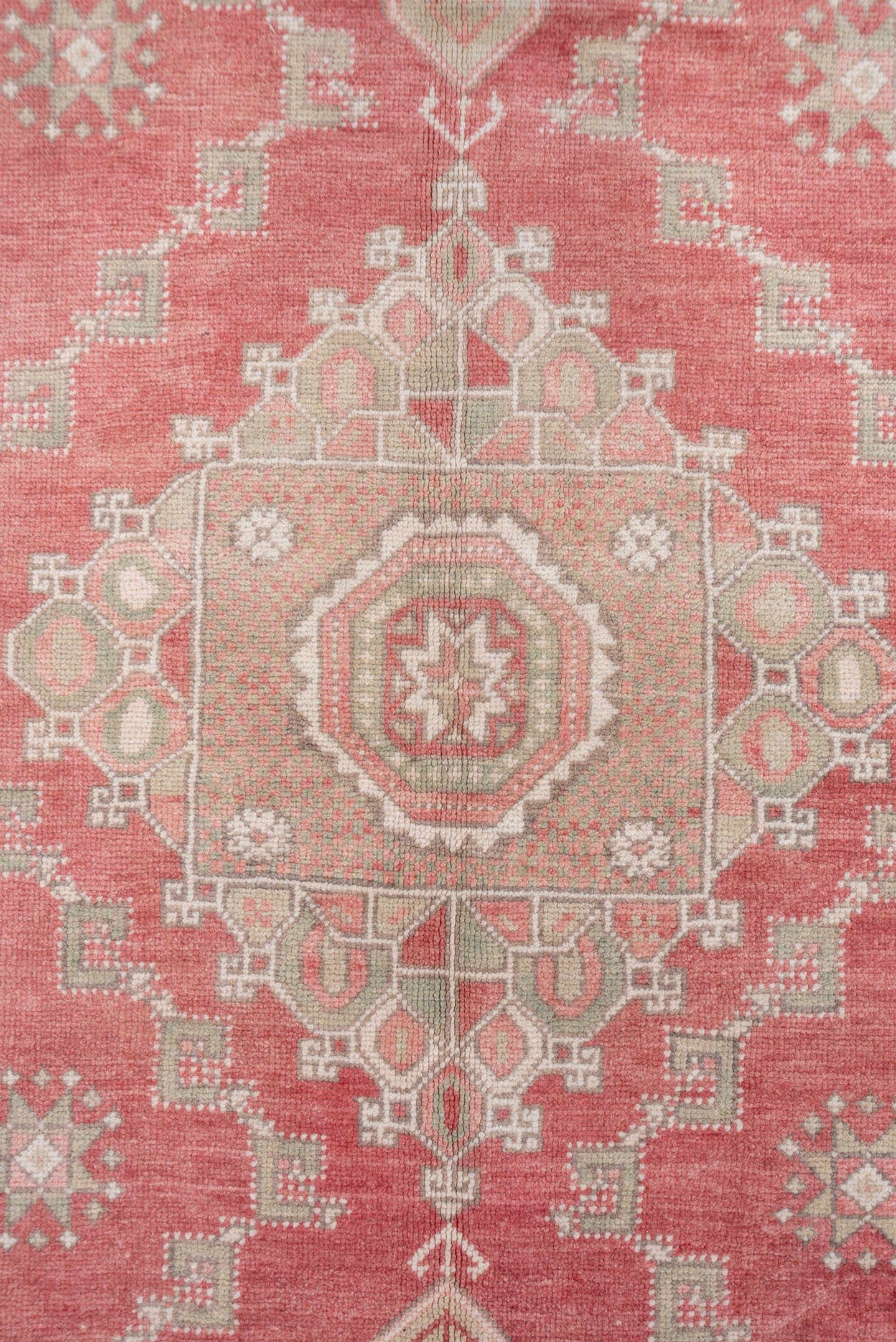 5' x 8' one-of-a-kind handmade vintage Oushak medium size rug. Color palette: coral, ivory, taupe, dusty rose, blue, sage