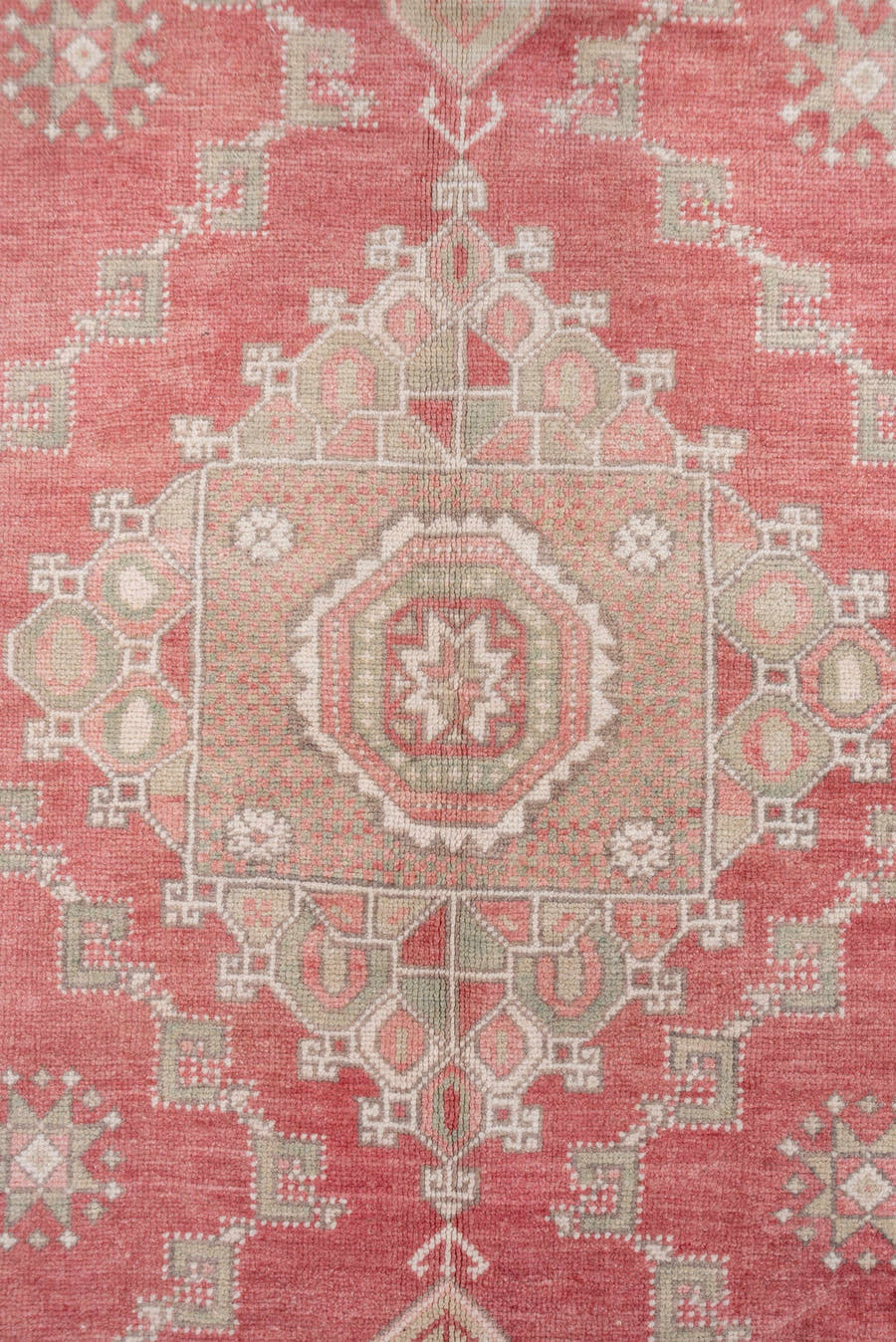 5' x 8' one-of-a-kind handmade vintage Oushak medium size rug. Color palette: coral, ivory, taupe, dusty rose, blue, sage