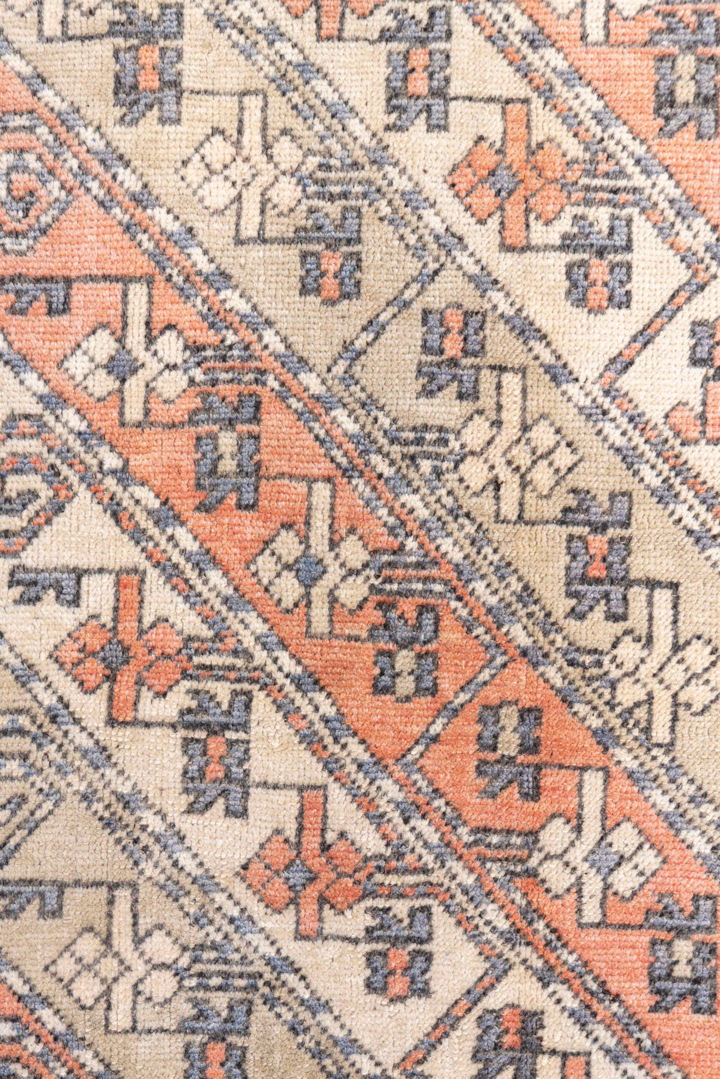 2' x 5' one-of-a-kind handmade vintage Oushak small size rug. Color palette: ivory, coral, slate, taupe, camel, charcoal