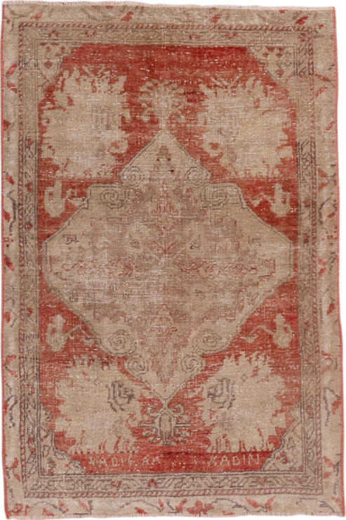 2' x 4' one-of-a-kind handmade vintage Oushak small size rug. Color palette: beige, terra cotta, ivory, taupe, camel