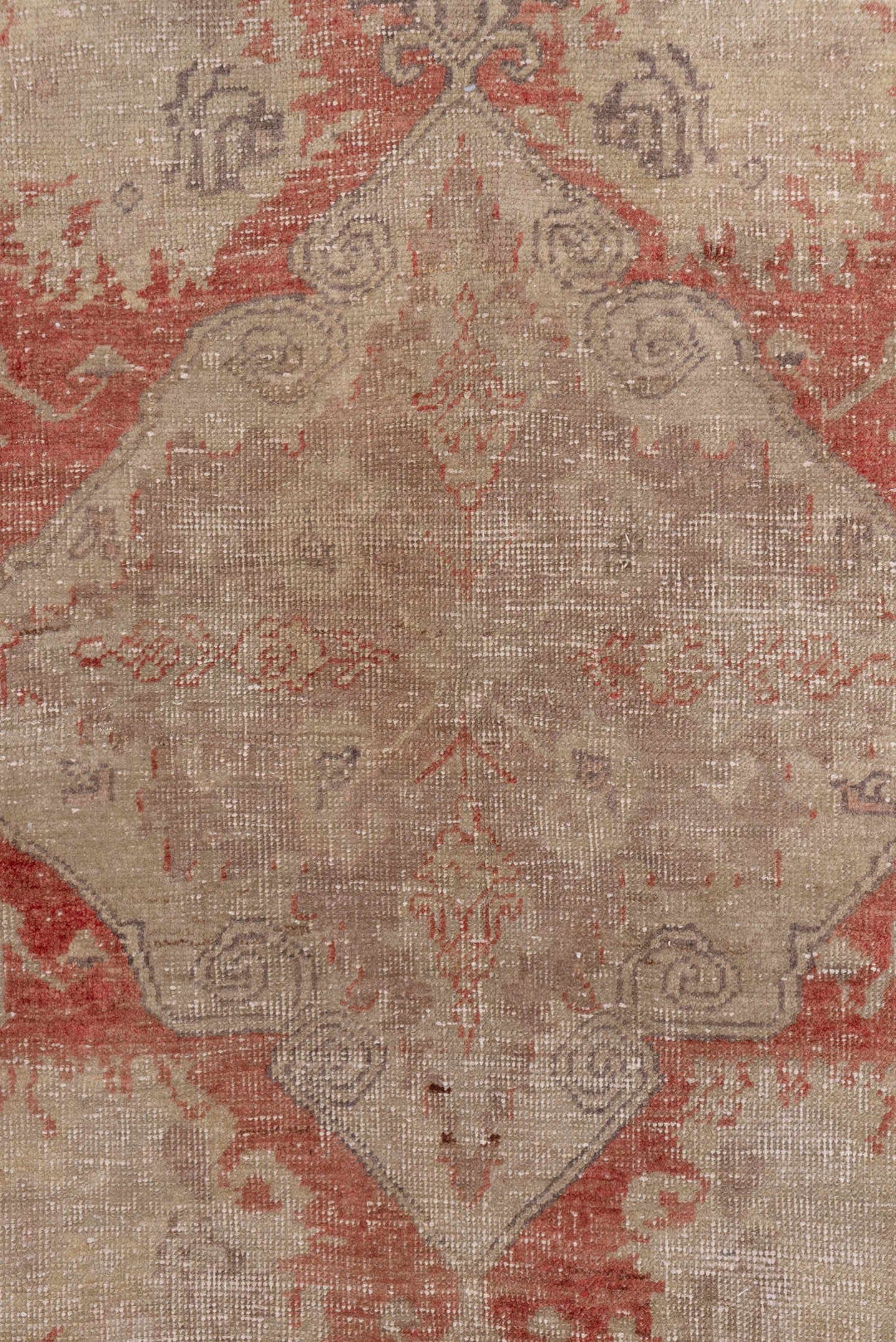 2' x 4' one-of-a-kind handmade vintage Oushak small size rug. Color palette: beige, terra cotta, ivory, taupe, camel