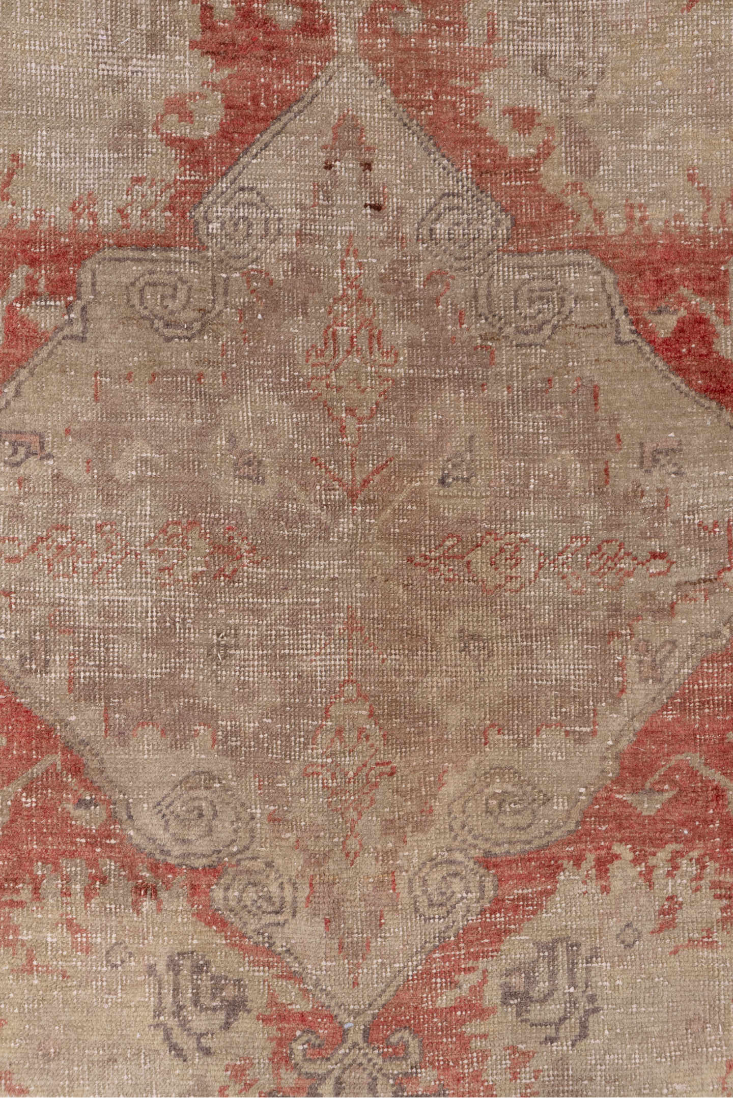 2' x 4' one-of-a-kind handmade vintage Oushak small size rug. Color palette: beige, terra cotta, ivory, taupe, camel