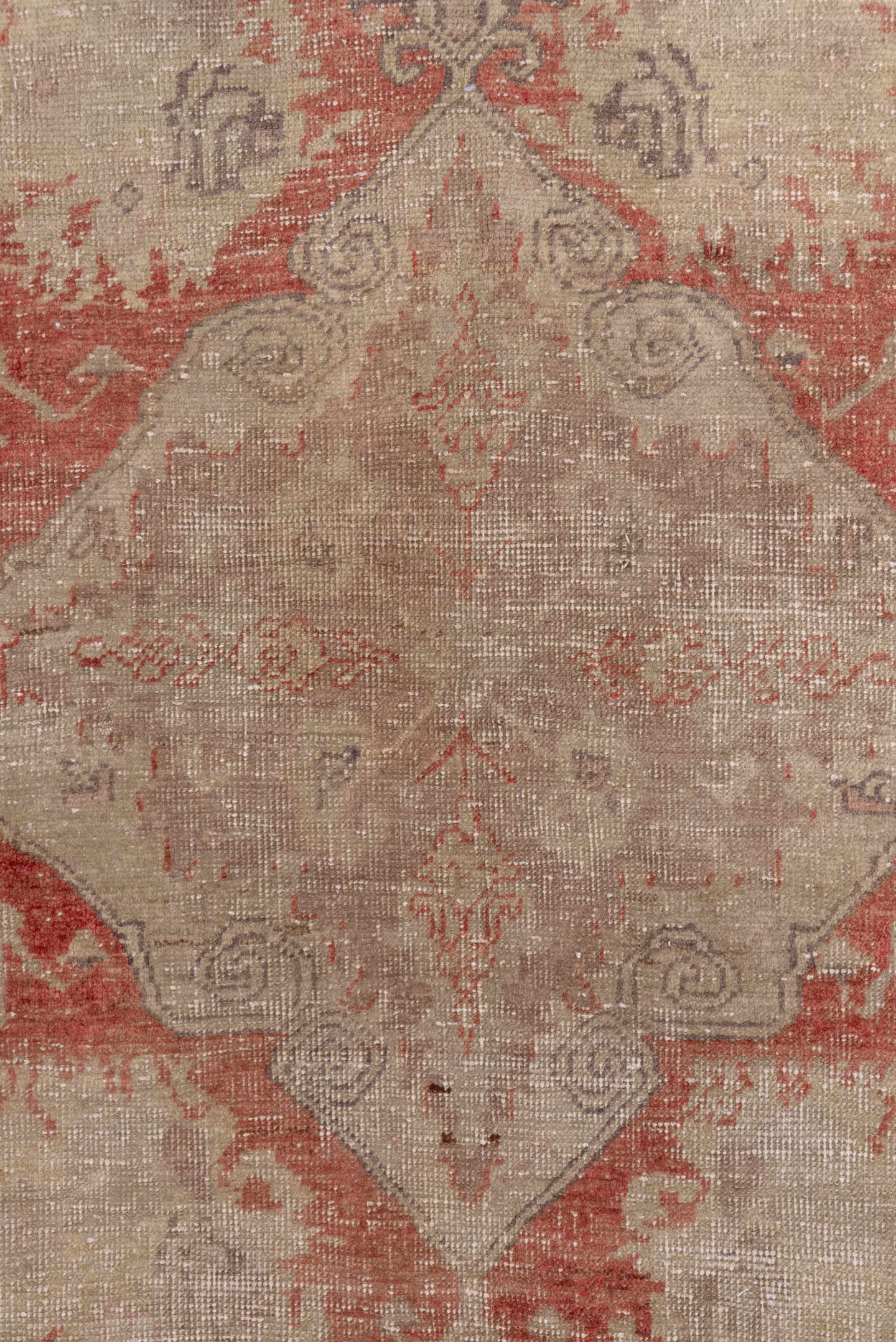 2' x 4' one-of-a-kind handmade vintage Oushak small size rug. Color palette: beige, terra cotta, ivory, taupe, camel