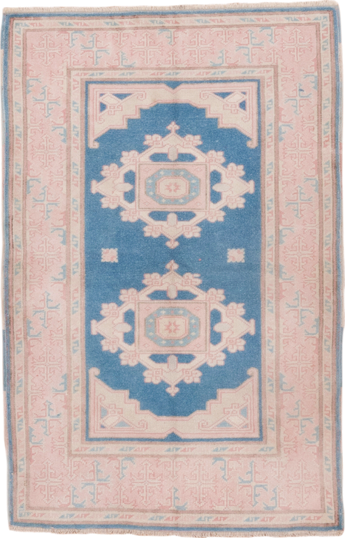 3' x 4' one-of-a-kind handmade vintage Oushak small size rug. Color palette: sky blue, blush, ivory, powder blue, peach