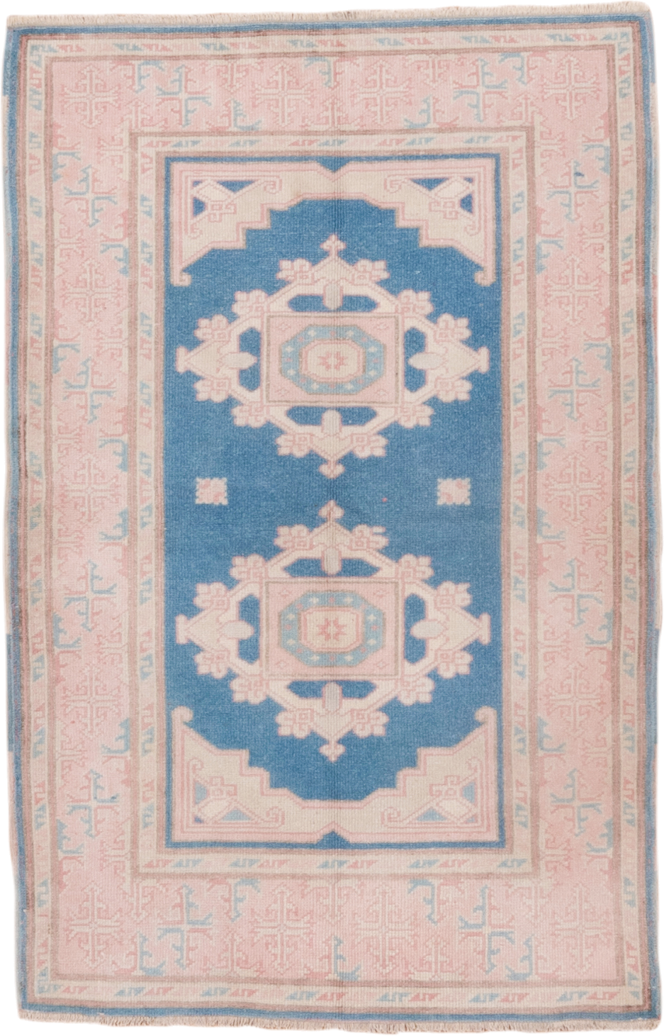 3' x 4' one-of-a-kind handmade vintage Oushak small size rug. Color palette: sky blue, blush, ivory, powder blue, peach