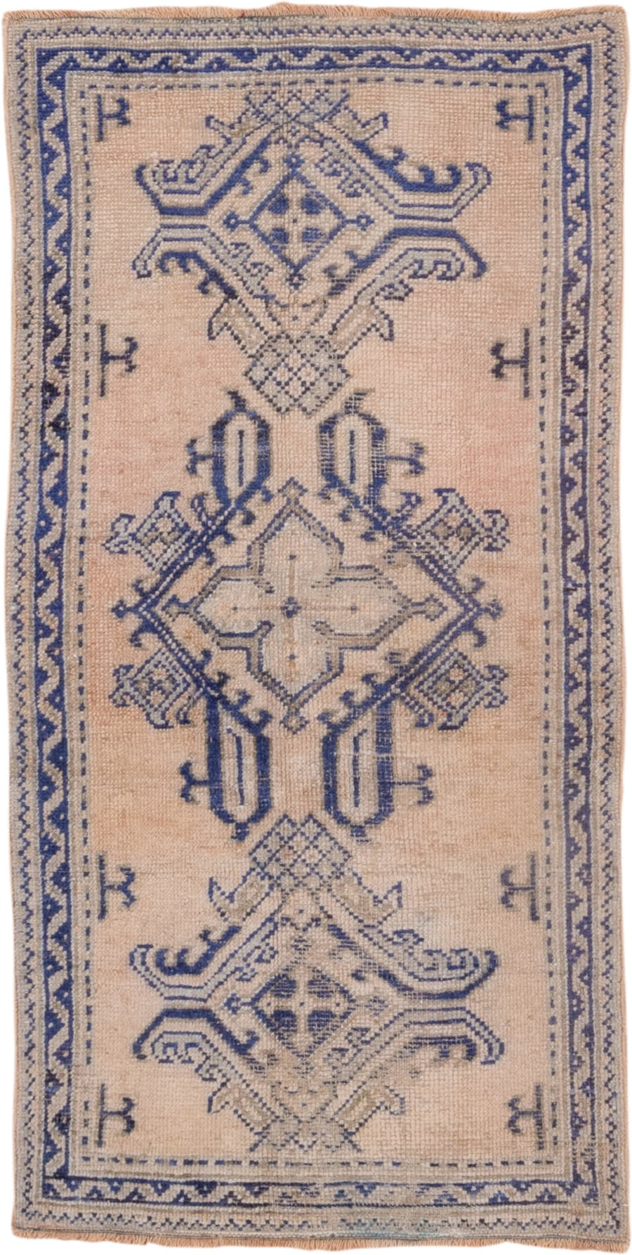 2' x 5' one-of-a-kind handmade vintage Oushak small size rug. Color palette: ivory, indigo, beige, camel, taupe, purple