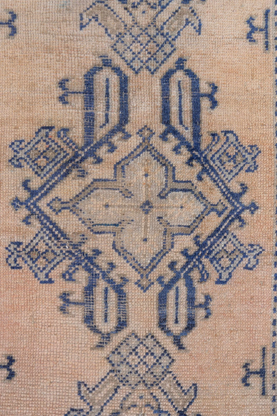 2' x 5' one-of-a-kind handmade vintage Oushak small size rug. Color palette: ivory, indigo, beige, camel, taupe, purple