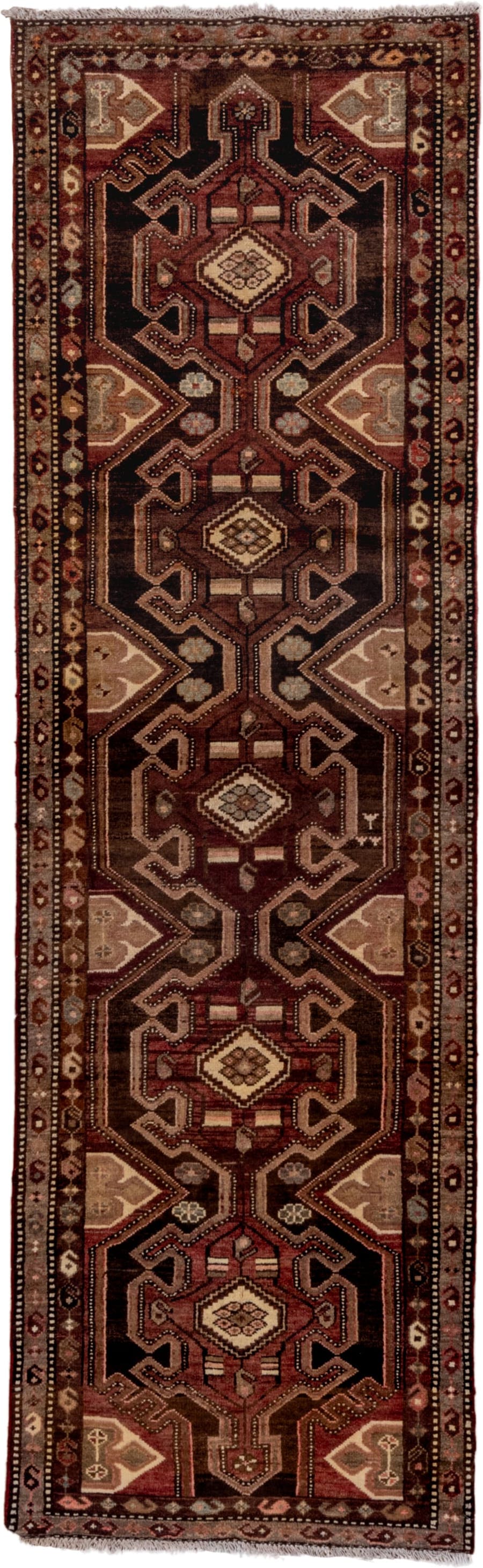 2' x 9' one-of-a-kind handmade antique Malayer runner rug. Color palette: brown, rust, ivory, camel, charcoal, burgundy