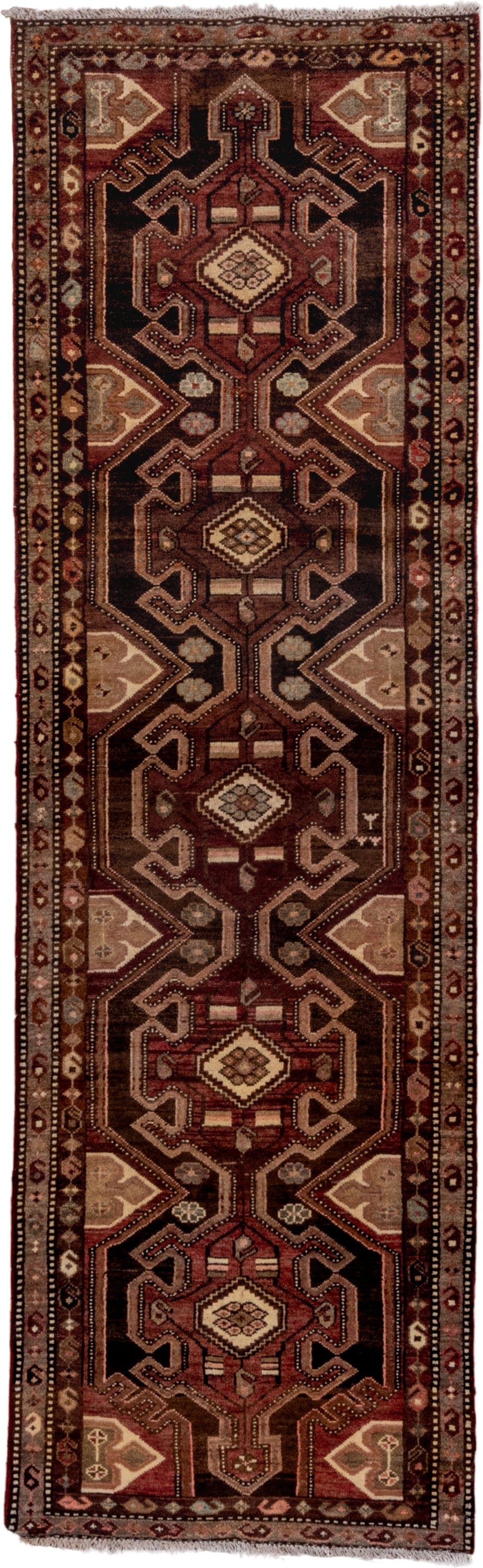 2' x 9' one-of-a-kind handmade antique Malayer runner rug. Color palette: brown, rust, ivory, camel, charcoal, burgundy