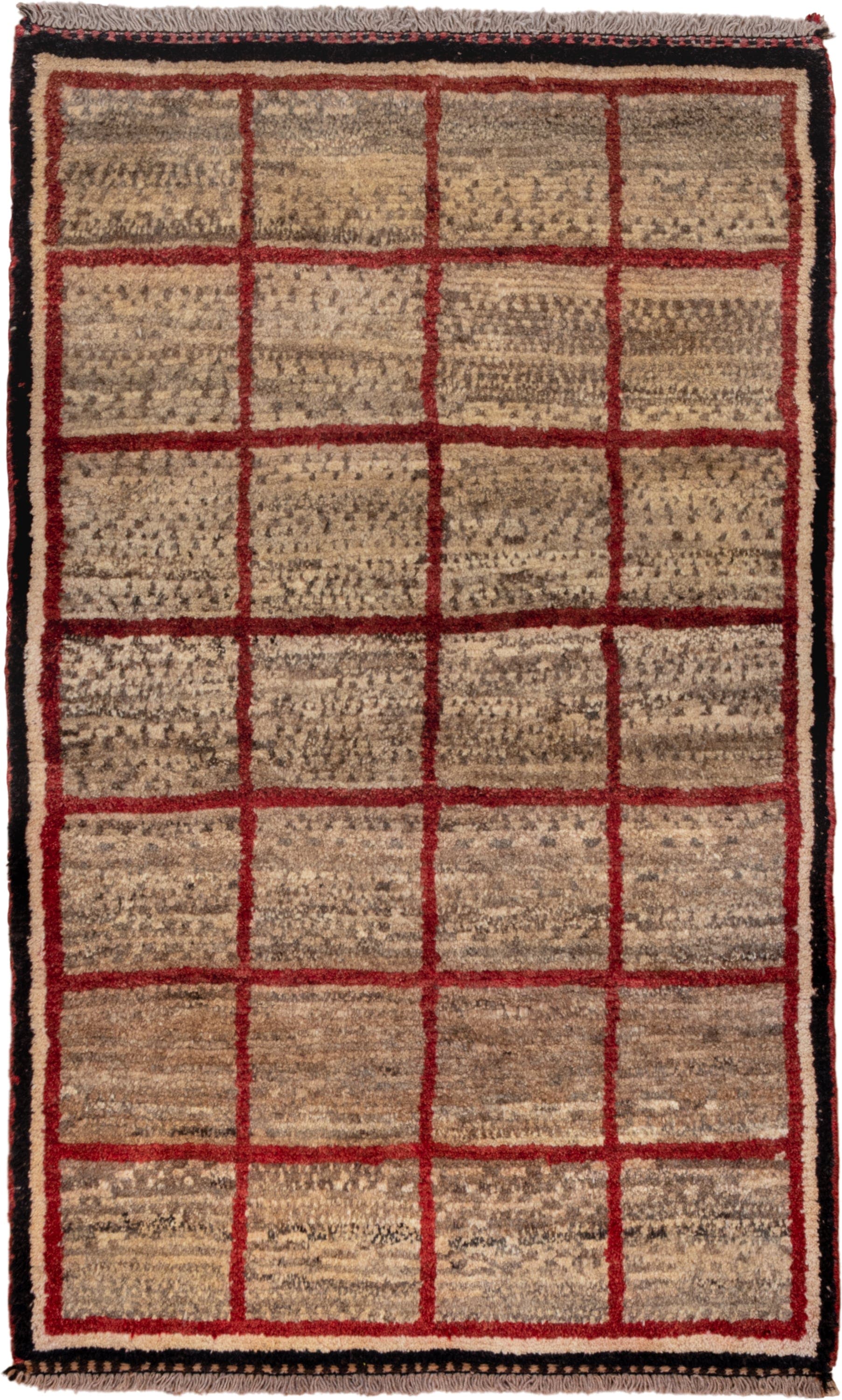 3' x 5' one-of-a-kind handmade antique Gabbe small size rug. Color palette: taupe, camel, rust, ivory, charcoal, brown