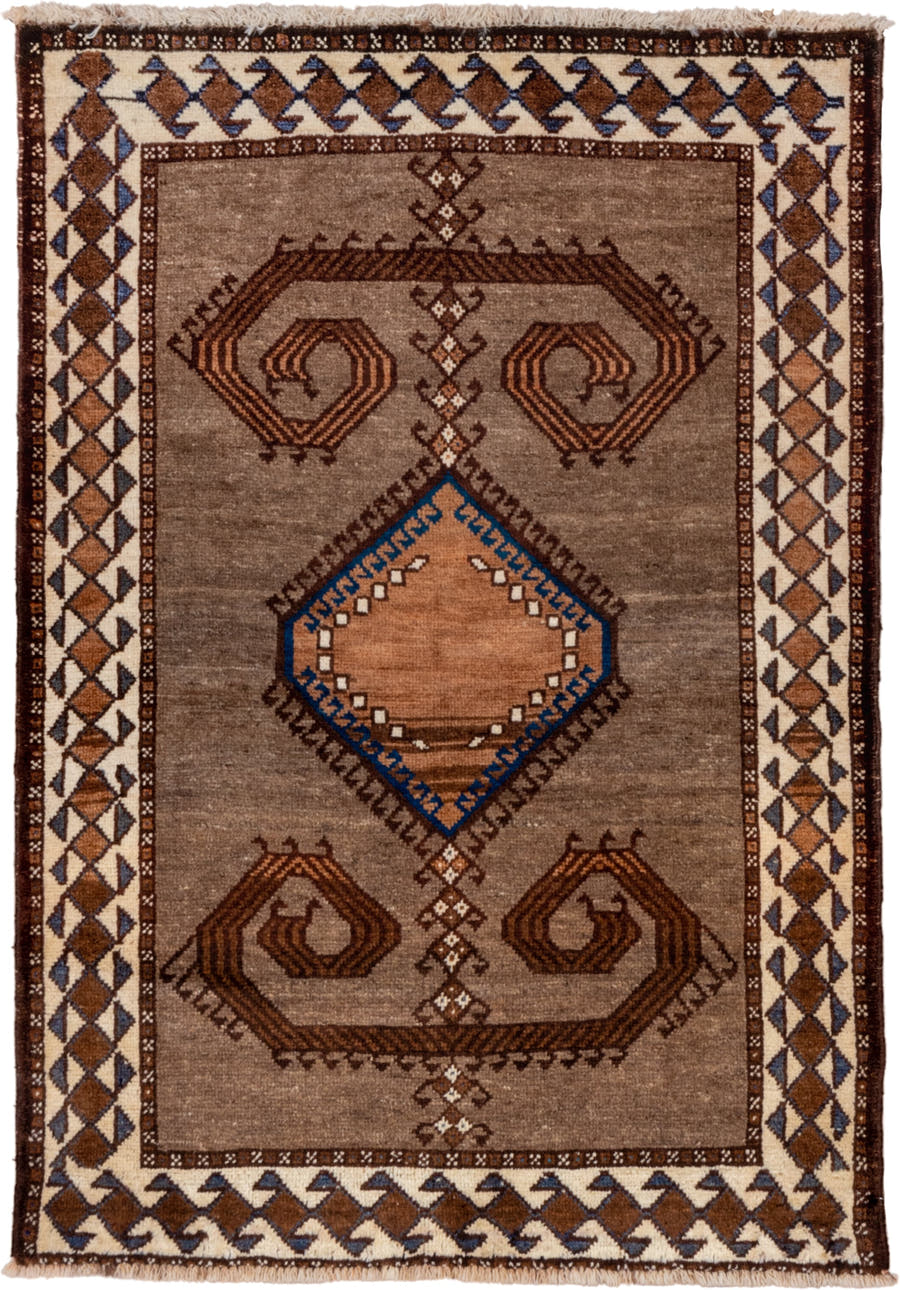3' x 4' one-of-a-kind handmade antique Gabbe small size rug. Color palette: taupe, brown, ivory, cobalt, camel, charcoal