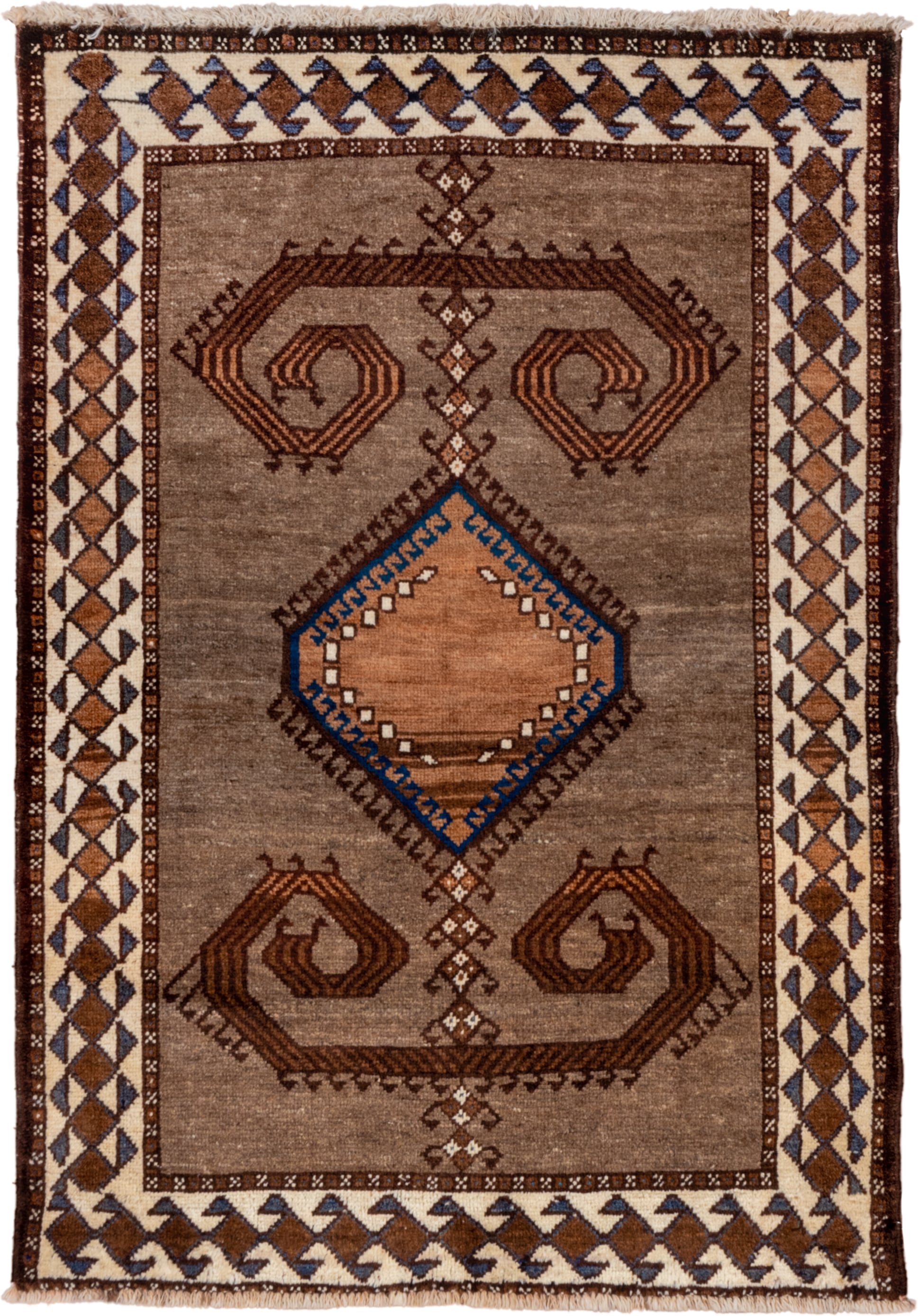 3' x 4' one-of-a-kind handmade antique Gabbe small size rug. Color palette: taupe, brown, ivory, cobalt, camel, charcoal