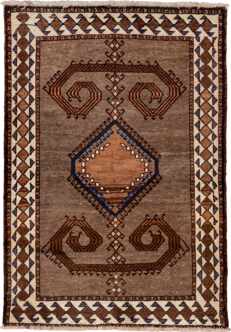 3' x 4' one-of-a-kind handmade antique Gabbe small size rug. Color palette: taupe, brown, ivory, cobalt, camel, charcoal