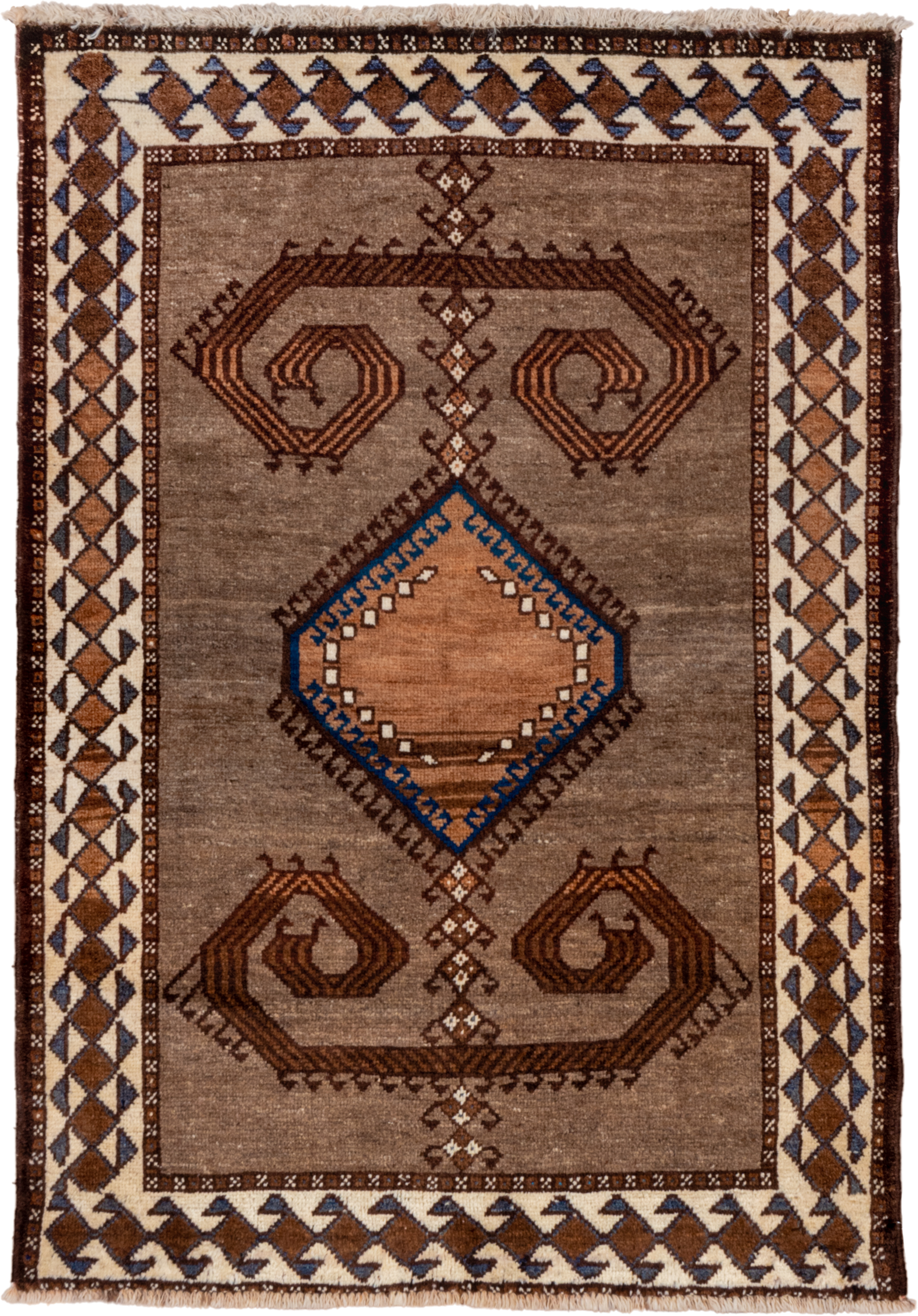 3' x 4' one-of-a-kind handmade antique Gabbe small size rug. Color palette: taupe, brown, ivory, cobalt, camel, charcoal