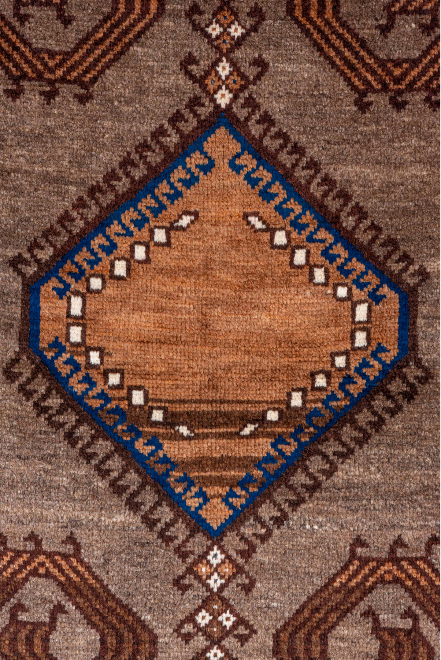 3' x 4' one-of-a-kind handmade antique Gabbe small size rug. Color palette: taupe, brown, ivory, cobalt, camel, charcoal