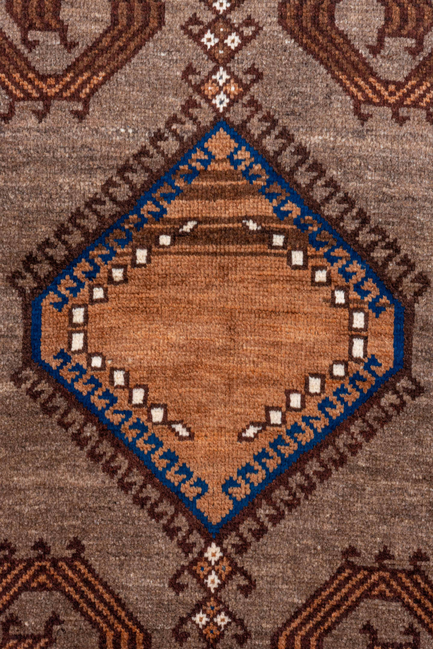 3' x 4' one-of-a-kind handmade antique Gabbe small size rug. Color palette: taupe, brown, ivory, cobalt, camel, charcoal