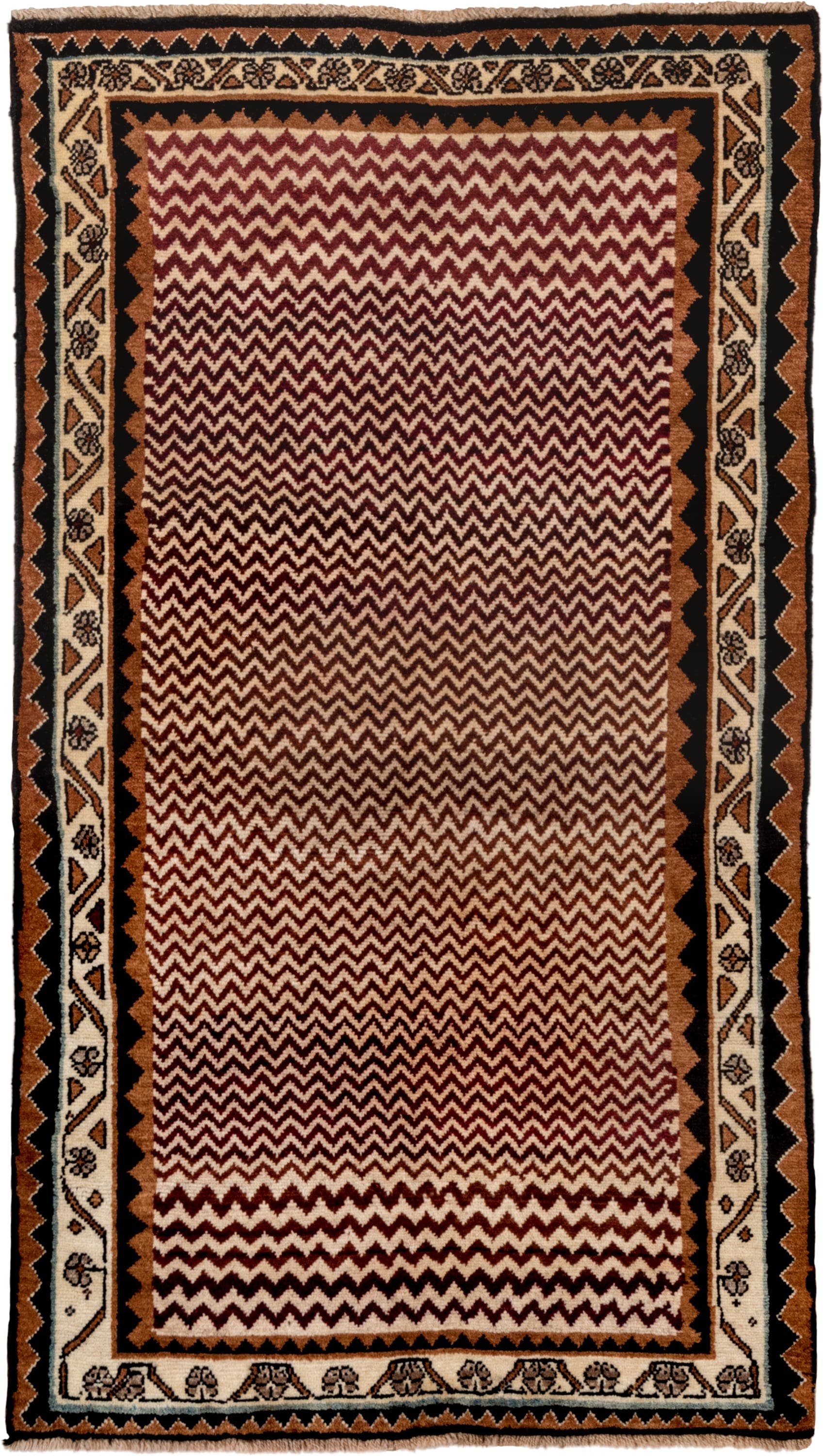 3' x 6' one-of-a-kind handmade antique Gabbe small size rug. Color palette: ivory, brown, rust, black, camel, burgundy