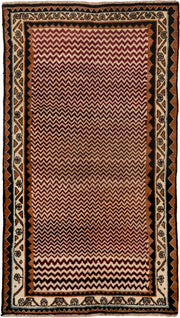 3' x 6' one-of-a-kind handmade antique Gabbe small size rug. Color palette: ivory, brown, rust, black, camel, burgundy