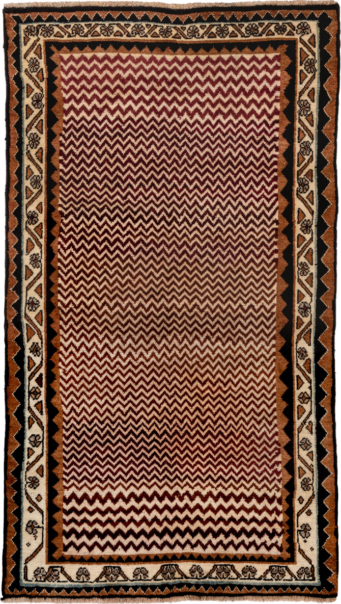 3' x 6' one-of-a-kind handmade antique Gabbe small size rug. Color palette: ivory, brown, rust, black, camel, burgundy