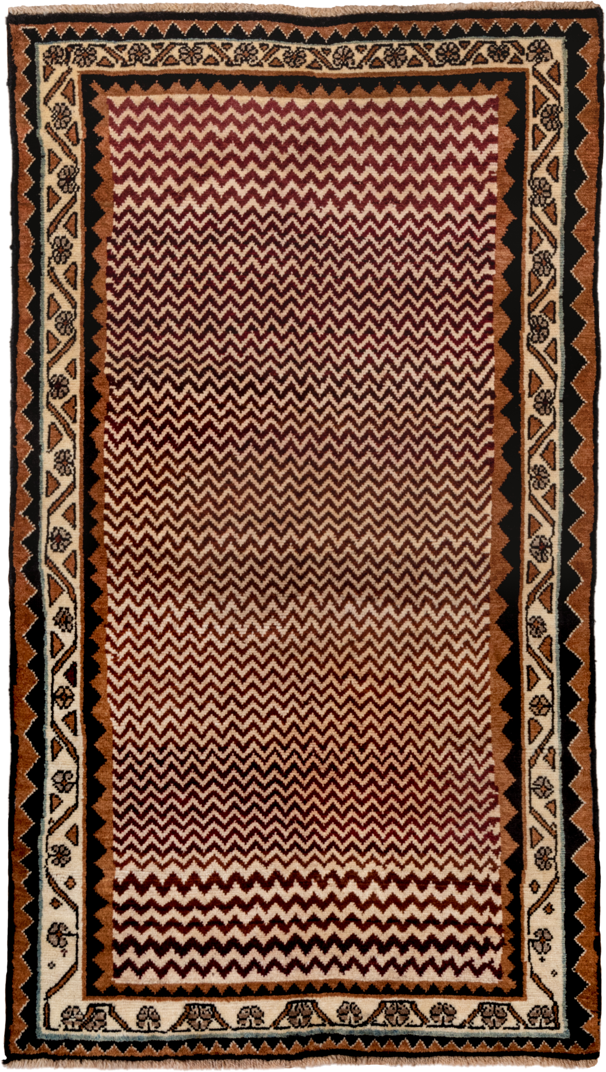 3' x 6' one-of-a-kind handmade antique Gabbe small size rug. Color palette: ivory, brown, rust, black, camel, burgundy
