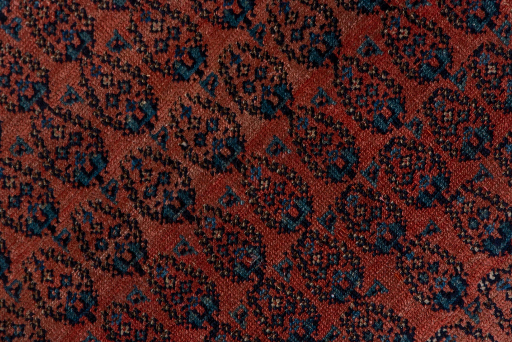 7' x 15' one-of-a-kind handmade antique Saraband rug. Color palette: rust, navy, ivory, terra cotta, charcoal, camel