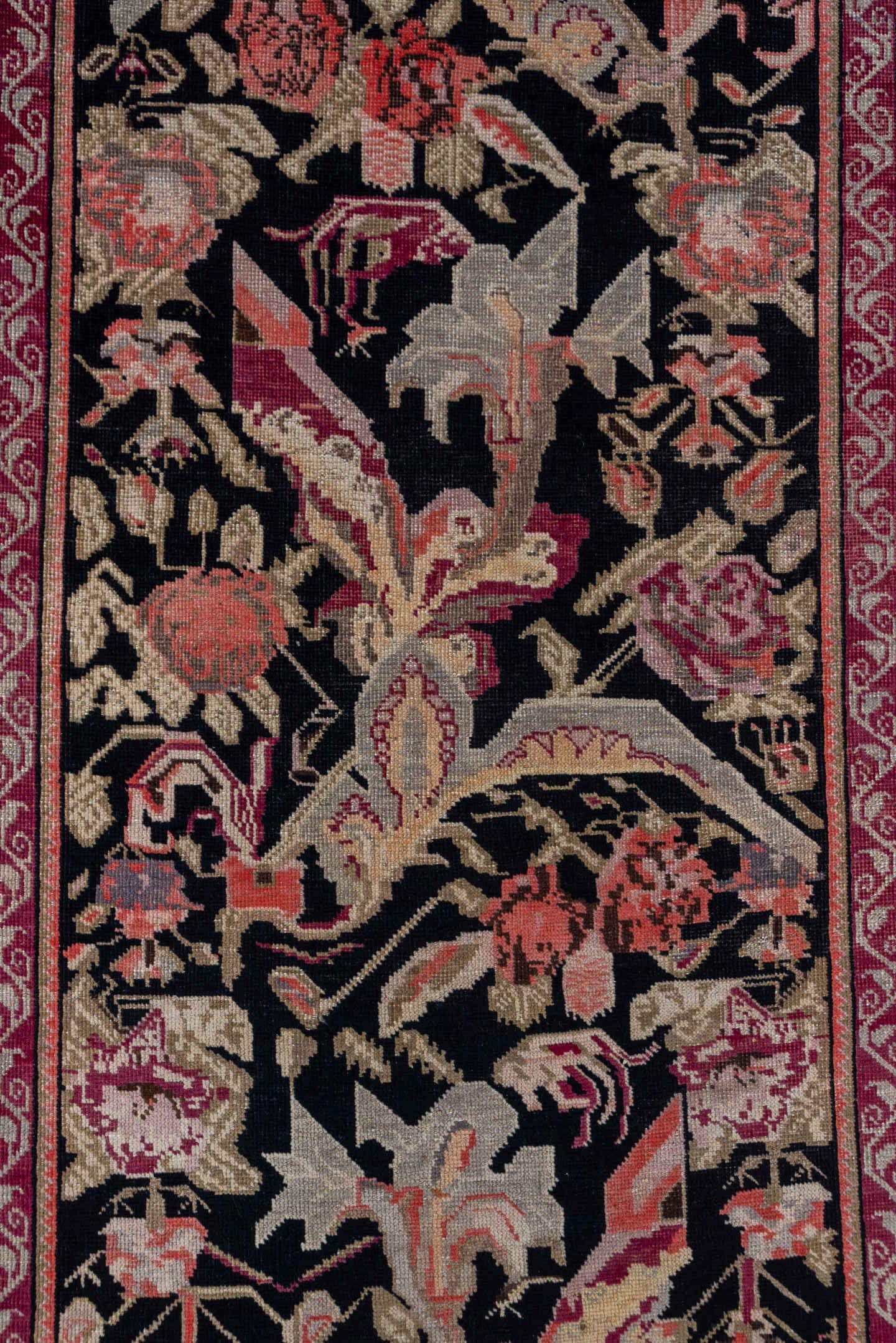 3' x 18' one-of-a-kind handmade antique Karabagh runner rug. Color palette: black, rose, ivory, rust, crimson, blush, taupe