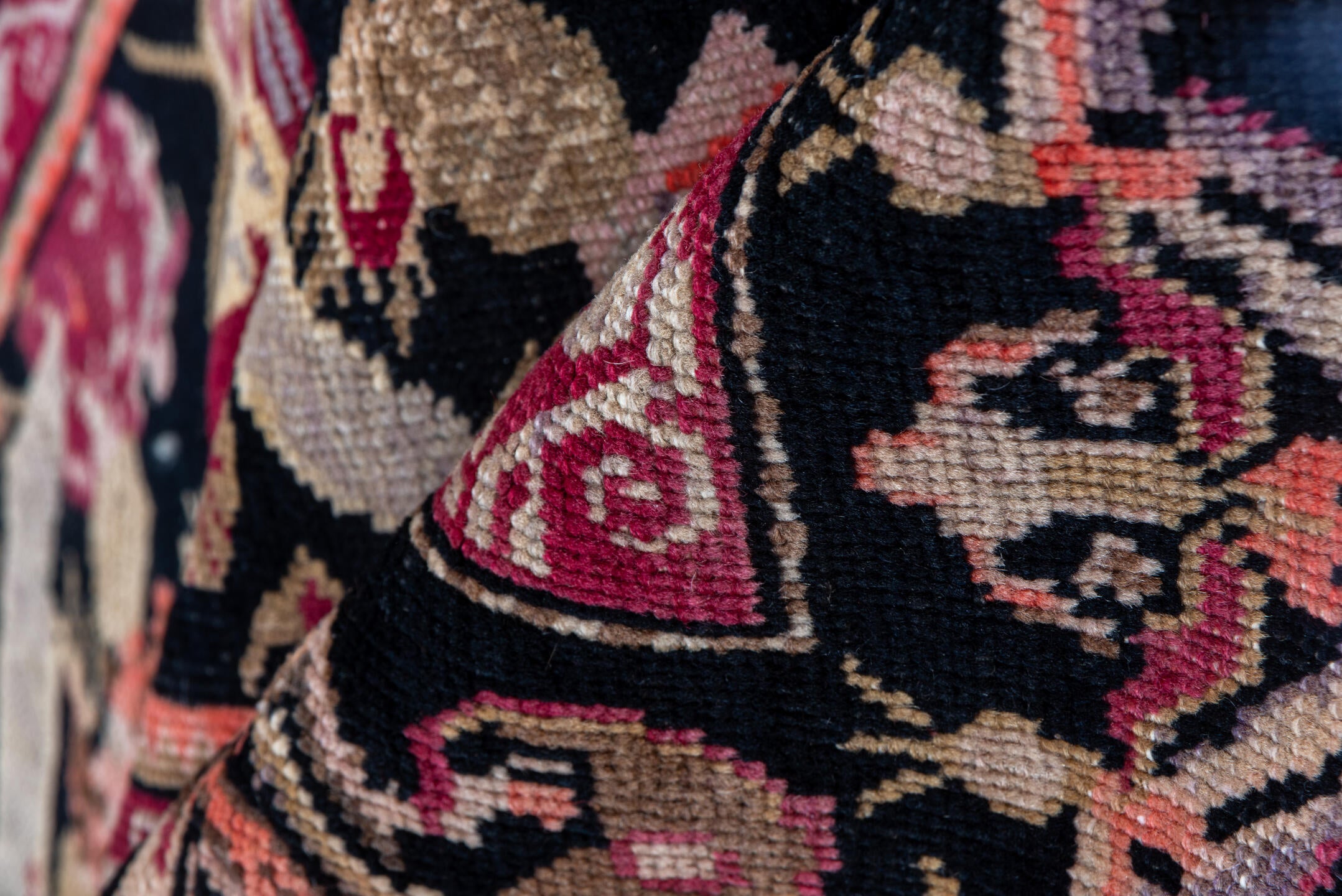 3' x 18' one-of-a-kind handmade vintage Karabagh runner rug. Color palette: black, brown, off-white, orange, pink, red