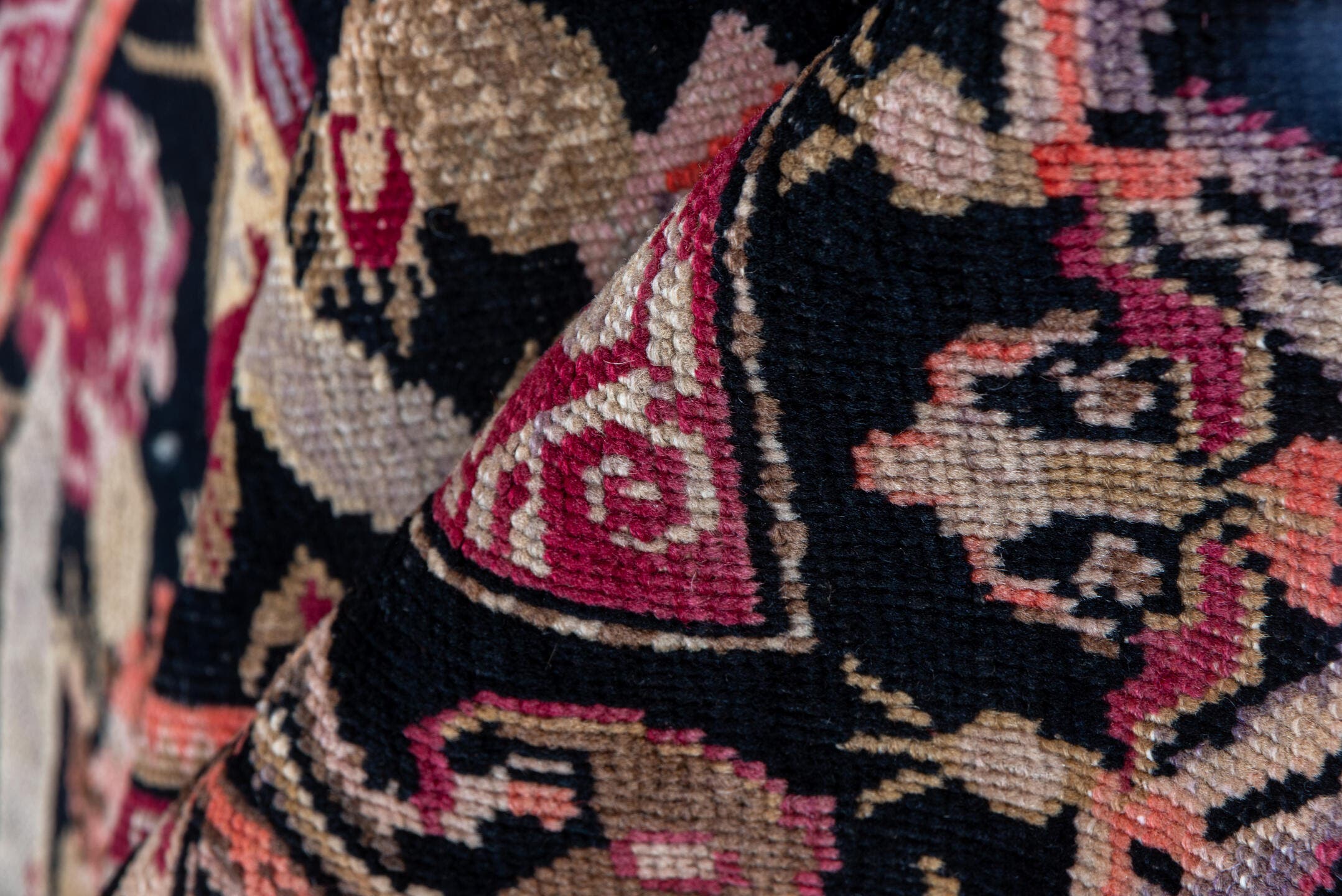 3' x 18' one-of-a-kind handmade antique Karabagh runner rug. Color palette: black, rose, ivory, rust, crimson, blush, taupe