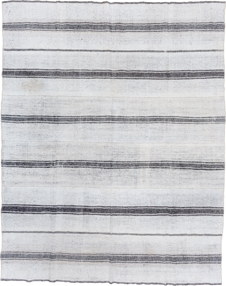 9' x 11' one-of-a-kind handmade vintage Flatweave large size rug. Color palette: ivory, charcoal, gray, black