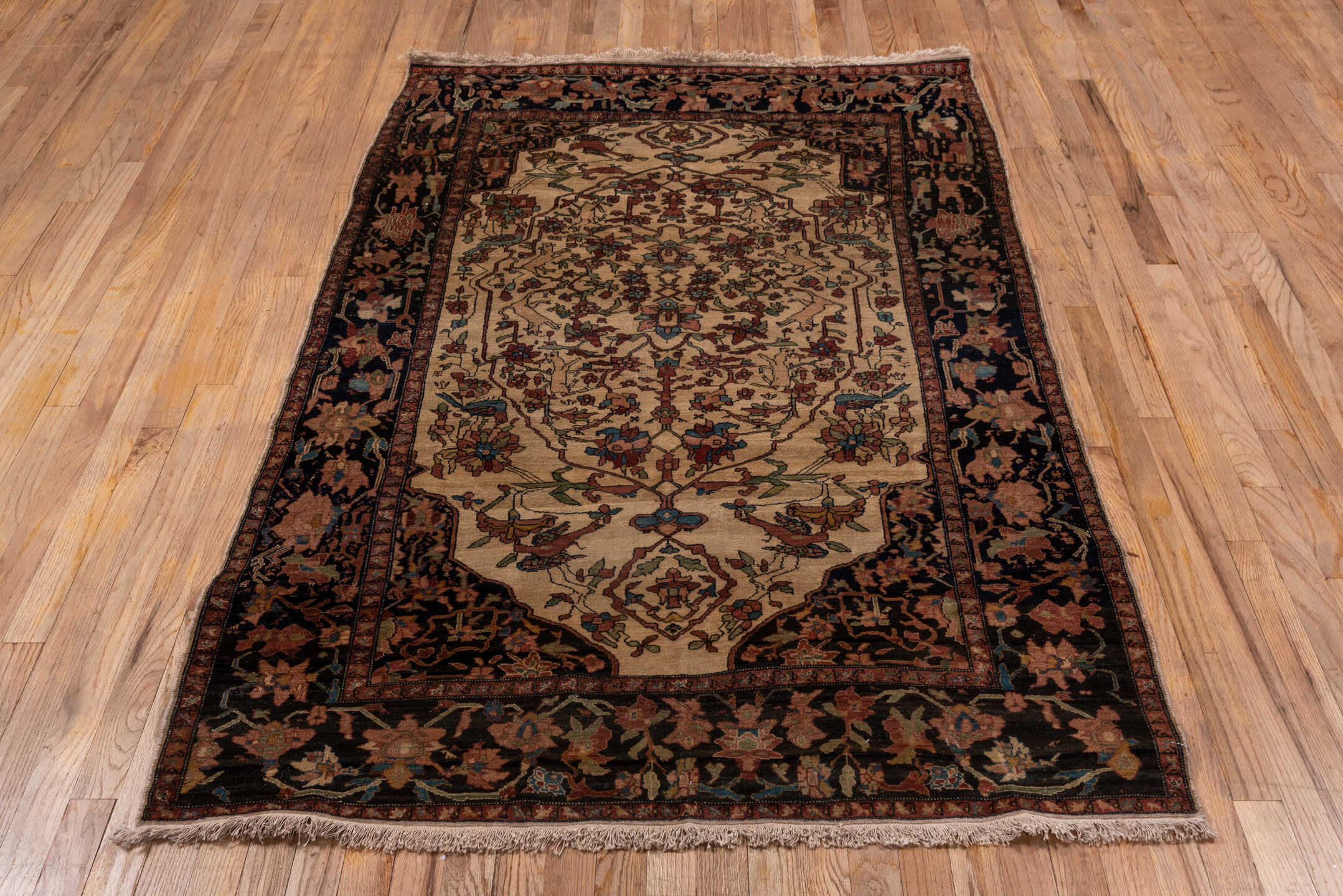 4' x 6' one-of-a-kind handmade antique Far.Sarouk small size rug. Color palette: ivory, charcoal, rose, rust, sage, sky blue