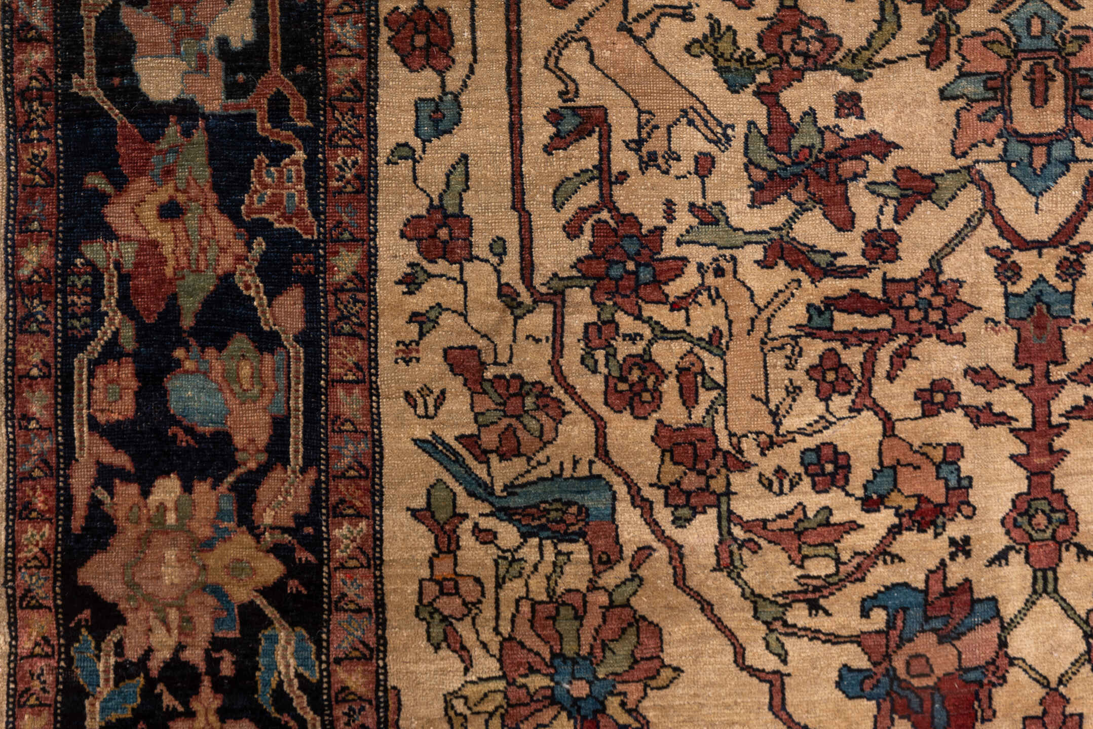 4' x 6' one-of-a-kind handmade antique Far.Sarouk small size rug. Color palette: ivory, charcoal, rose, rust, sage, sky blue